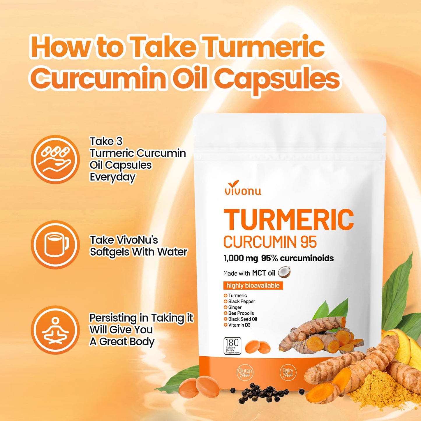 VivoNu Turmeric Curcumin Supplement with Black Pepper Softgel, 180 Count