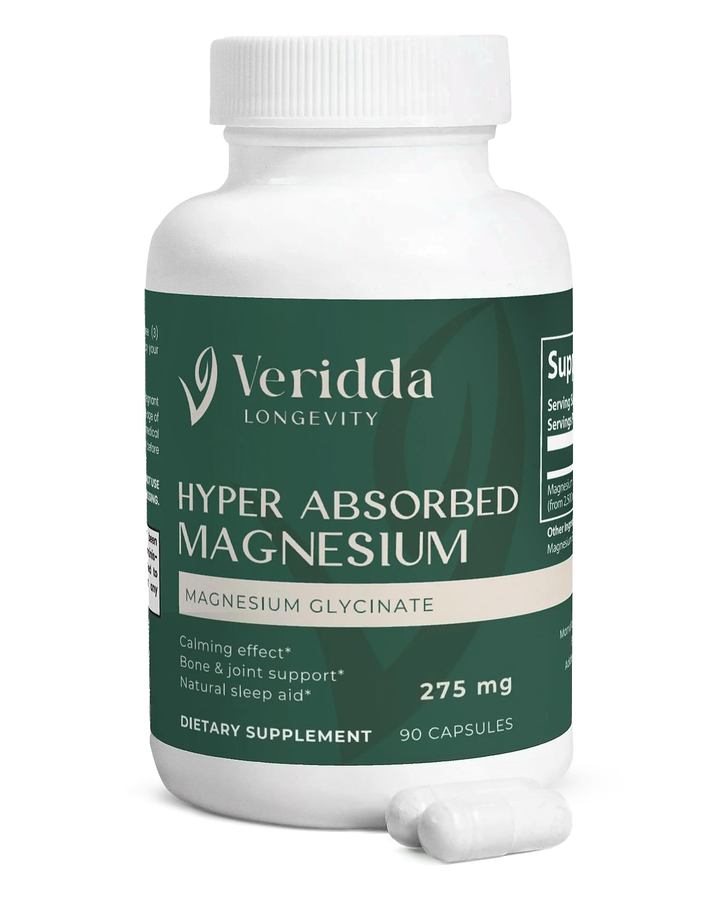 Veridda Longevity Magnesium Glycinate 275 mg Capsules 90 Count