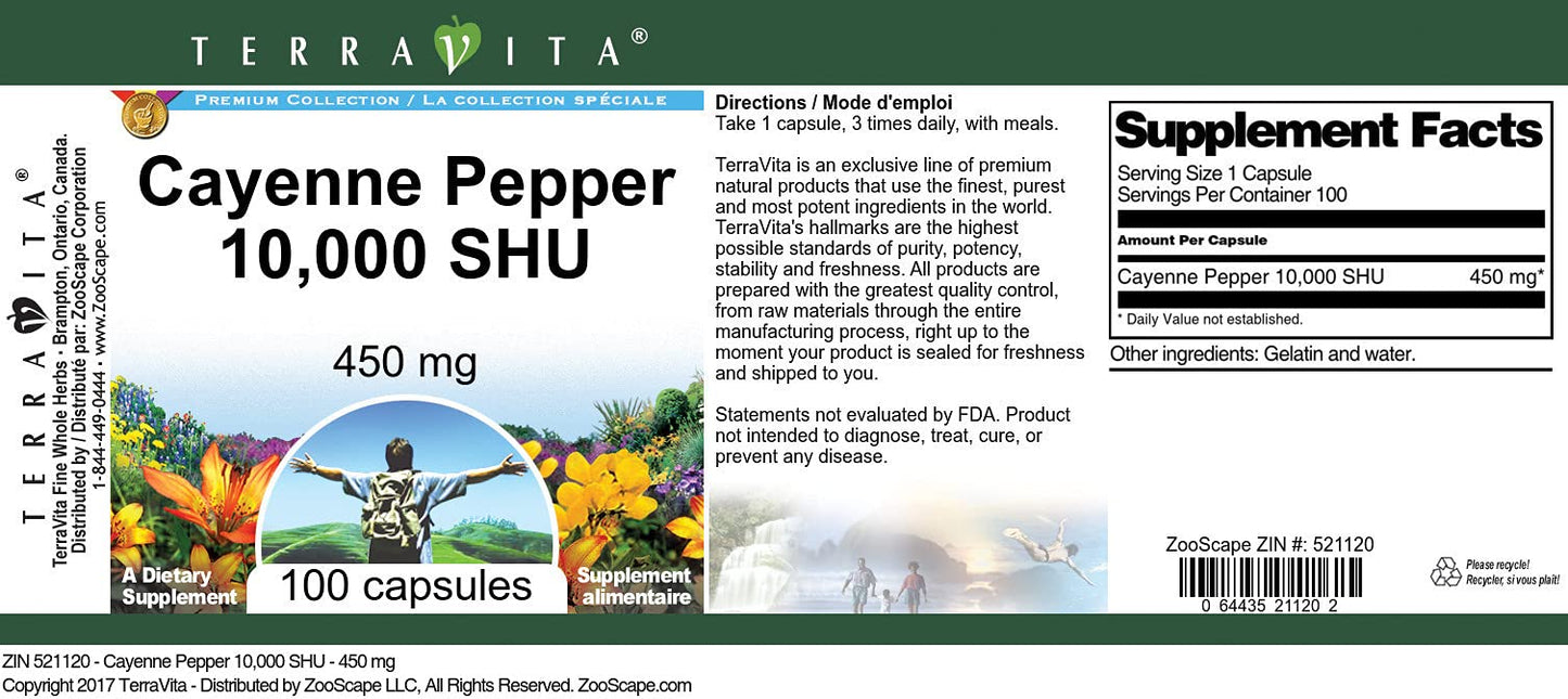 Terravita Cayenne Pepper 10,000 SHU - 450 mg Capsules, 300 Count