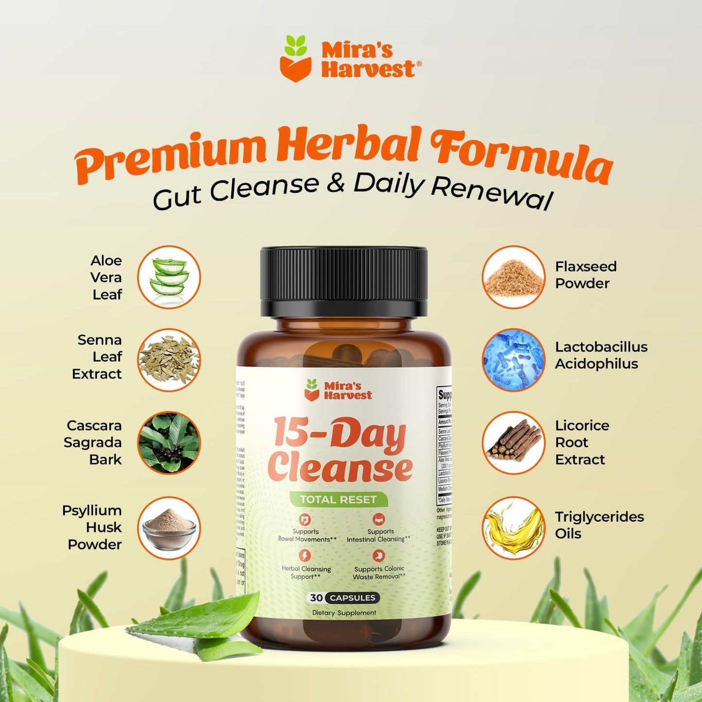 Mira’s Harvest 15-Day Cleanse - Two Phase Herbal Gut Cleanse for Men & Women Capsule 30 Count