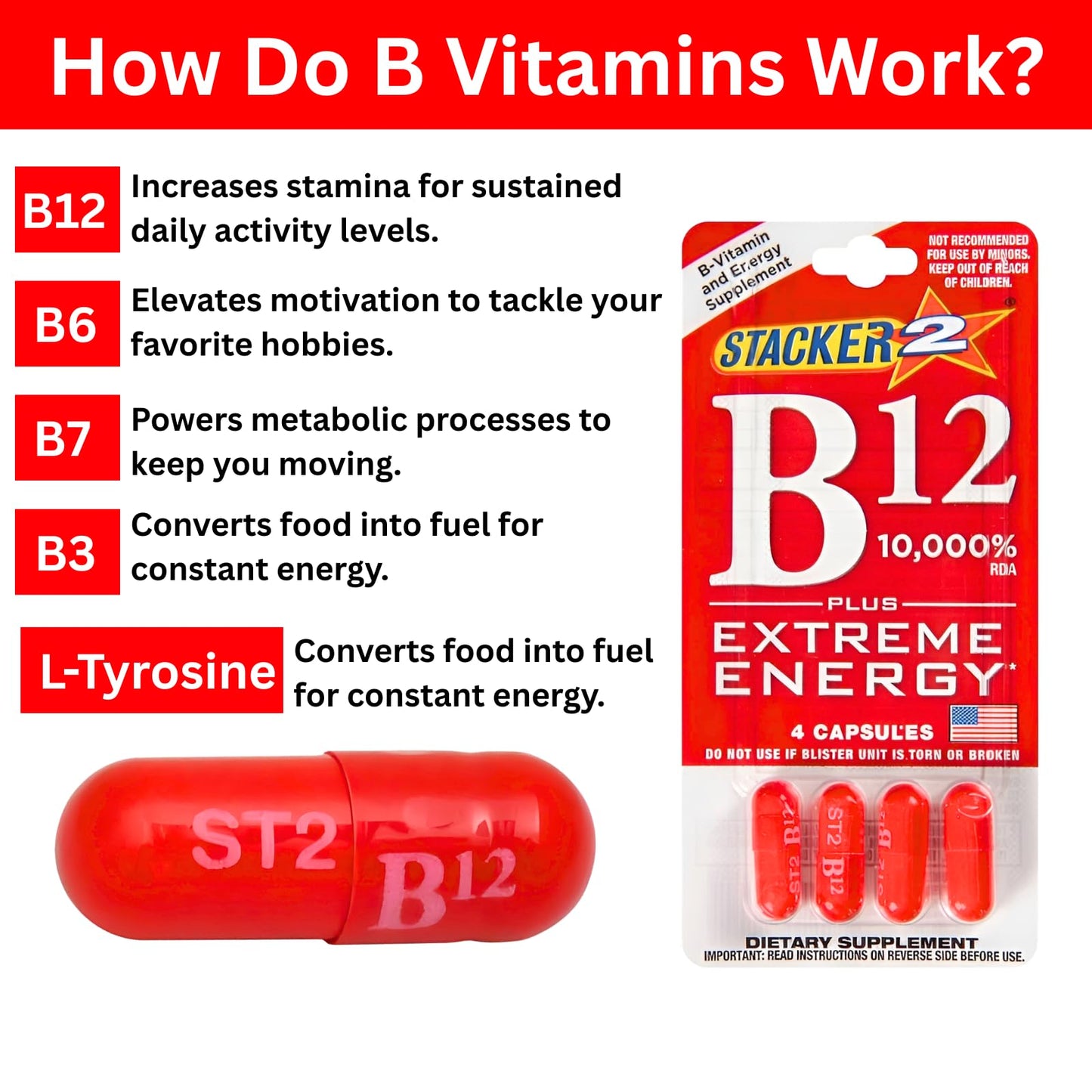 Generic Stacker B12 Extreme Energy Vitamin B Complex Capsule, 12 Count