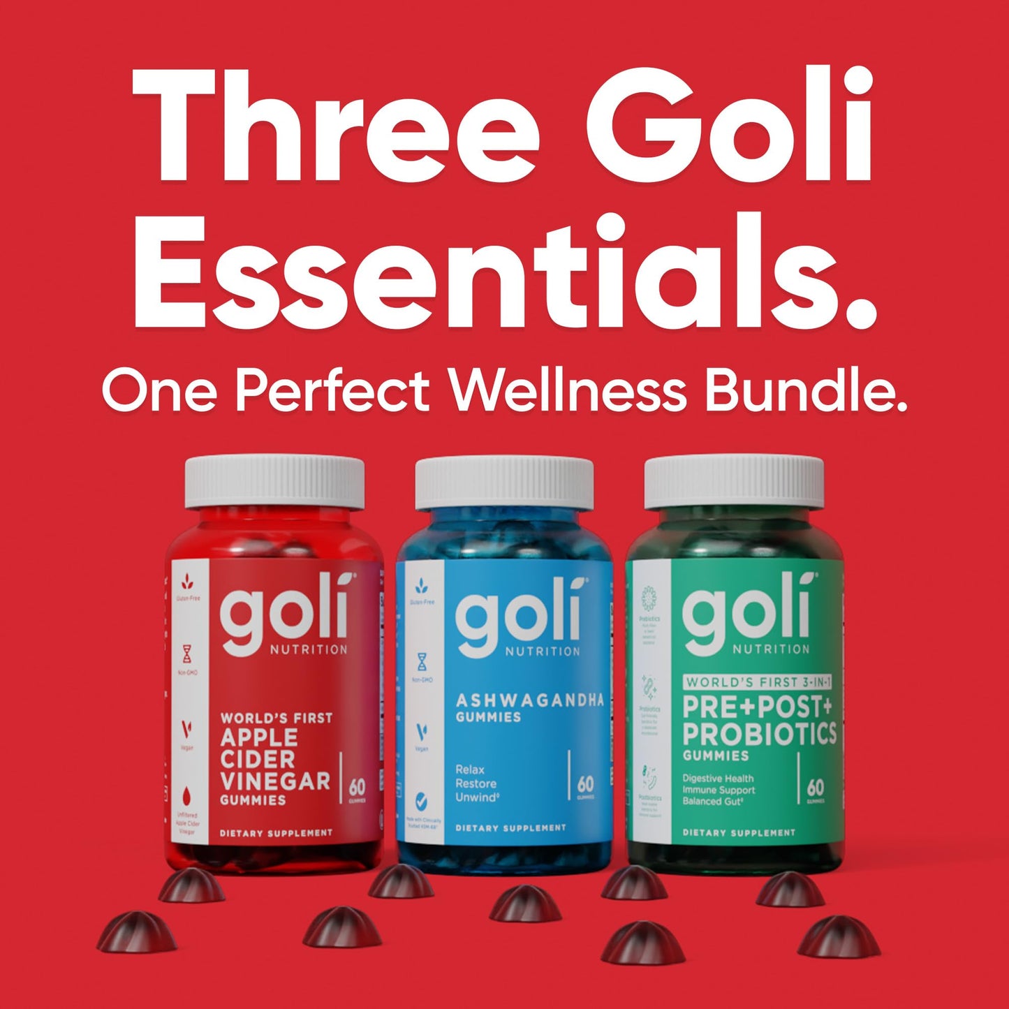 Goli Power Wellness Trio for Stress, Gut & Immune - World's First 3-in-1 Pre, Post, Probiotic, Apple Cider Vinegar & Vitamin B12, Ashwagandha & Vitamin D Gummies, 60 Gummies