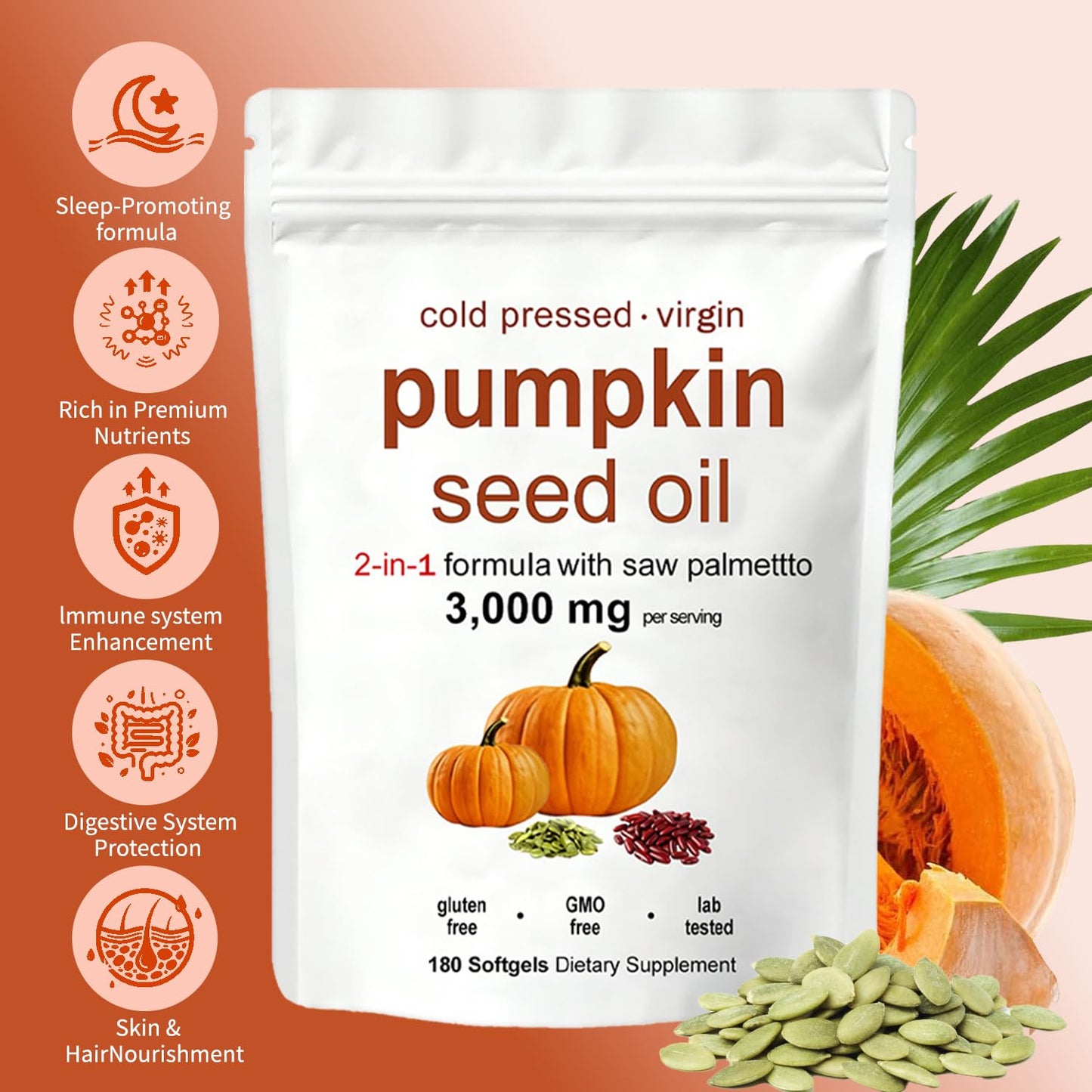 KITABIO Pumpkin Seed Oil Capsules with Saw Palmetto 3000mg Cold Pressed for Hair Growth - Non-GMO, 180 Softgels