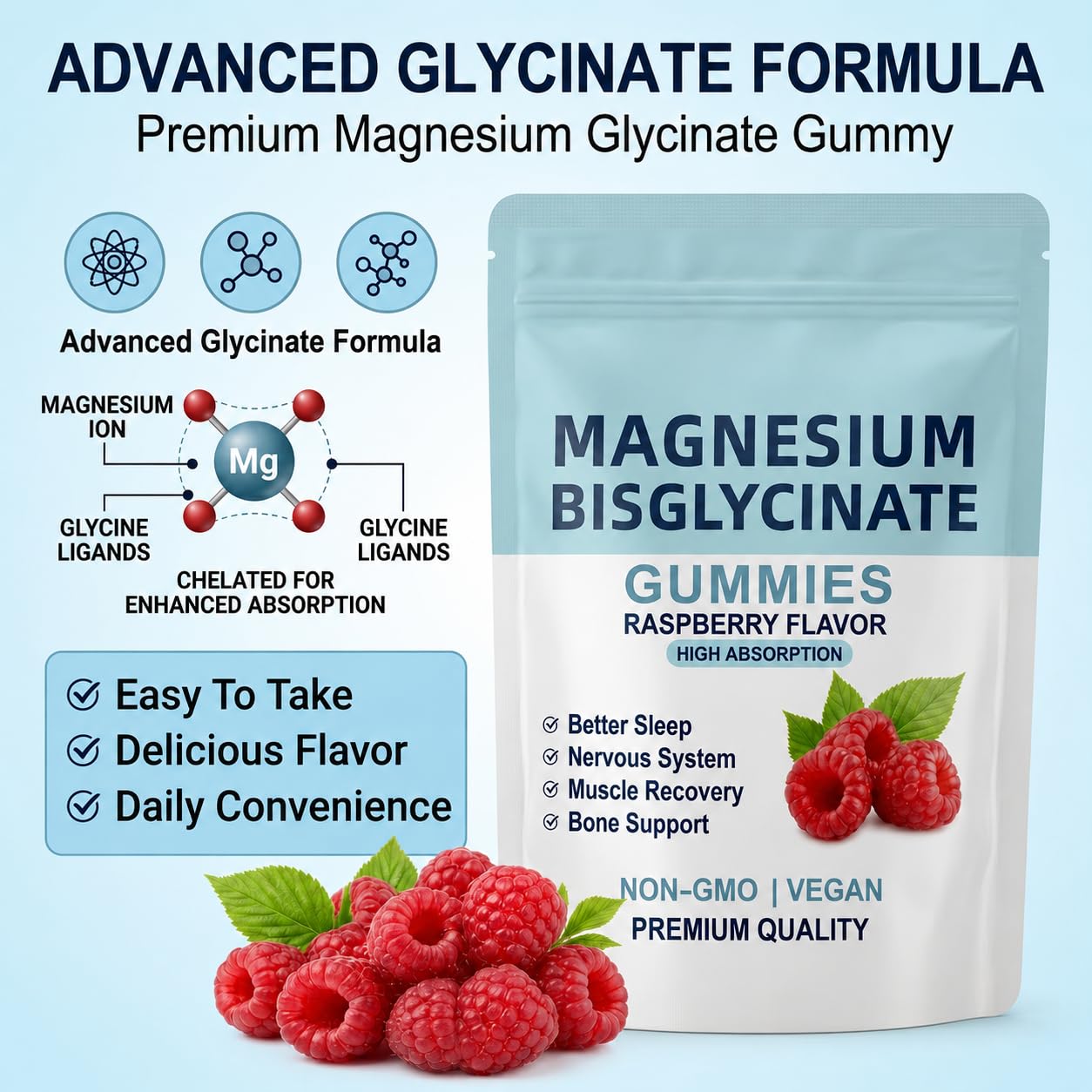 Galriva Magnesium Bisglycinate Gummies 400mg, High Absorption Magnesium Glycinate, Raspberry Flavor, Vegan, 1 Gummy