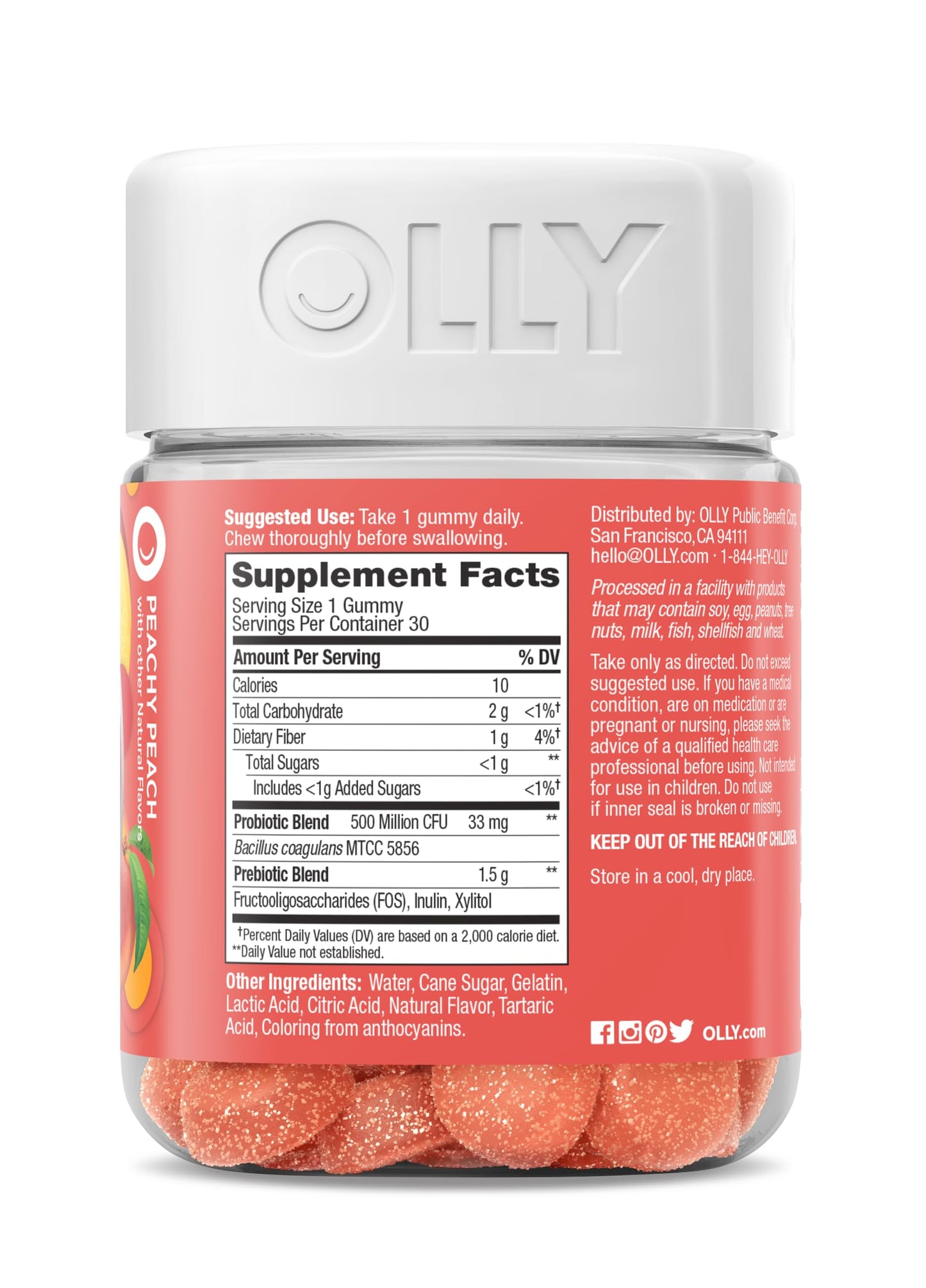 OLLY Probiotic + Prebiotic Gummy, 500 Million CFUs, FOS, Adult Chewable Supplement for Men and Women, Peach Flavored, 30 Day Supply - 30 Count