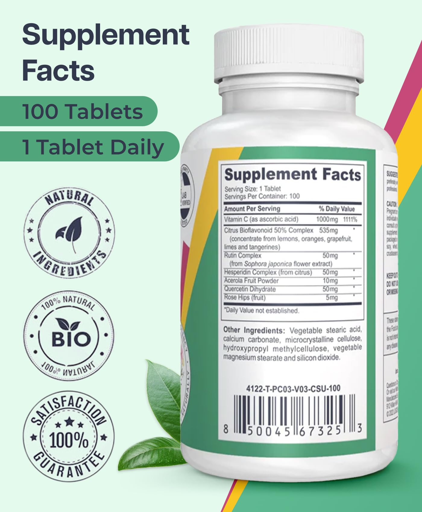 Logos Nutritionals Bio C Plus Vitamin C 1000 mg - High Potency Vitamin C Supplements with Ascorbic Acid & Rose HIPS, Supports Healthy Immune System & Antioxidant Protection, Vegan, 100 Tablets