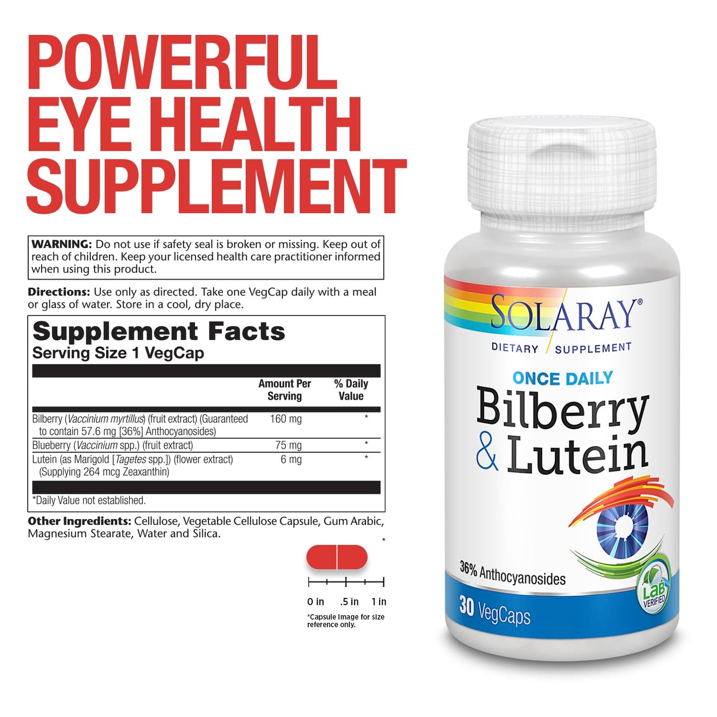 SOLARAY One Daily Bilberry and Lutein Supplement, 160 mg Capsule, 30 Capsules