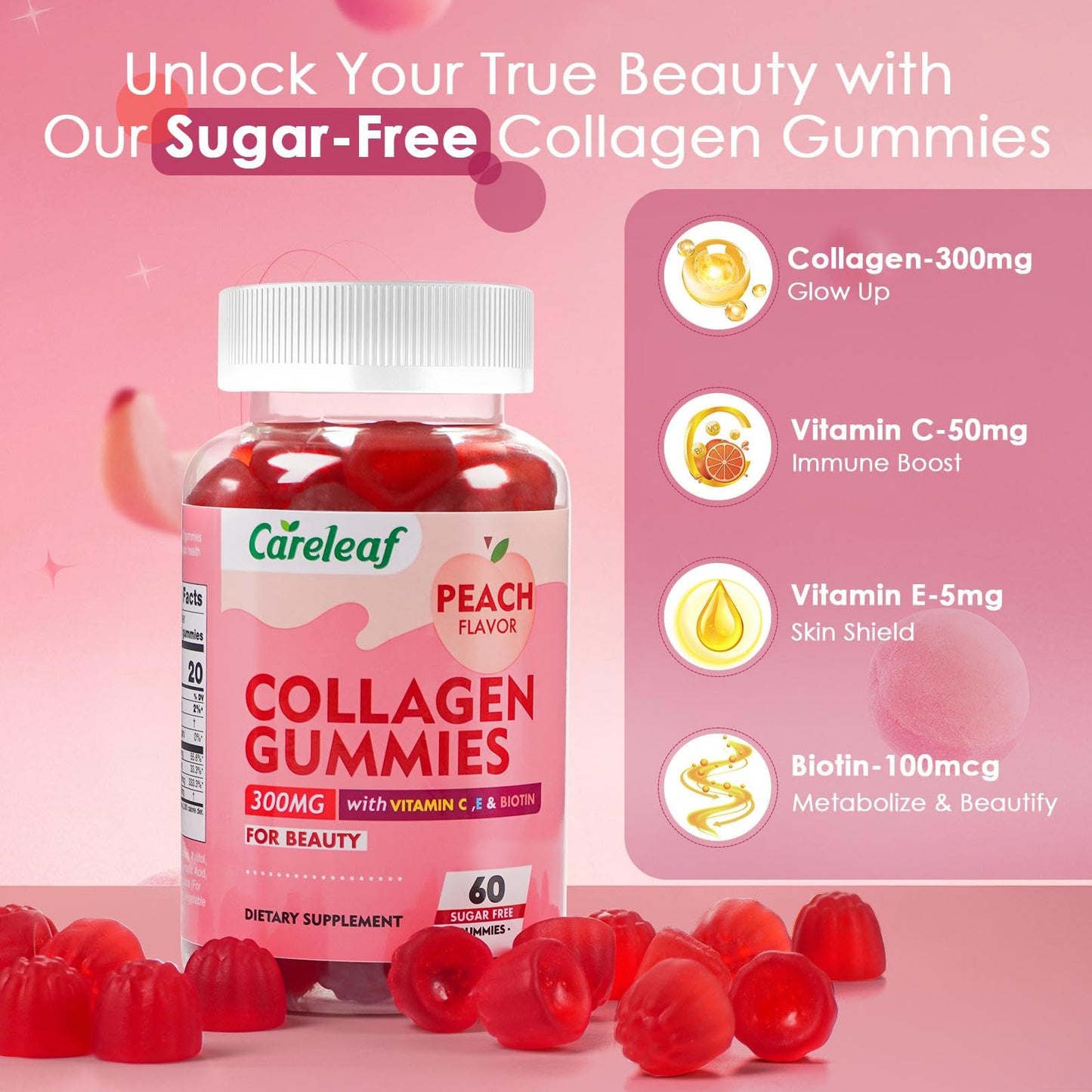 careleaf Sugar Free Collagen Gummies with Vitamin C, Vitamin E and Biotin, Natural Hydrolyzed Collagen 300mg, Peach Flavor, 60 Gummies
