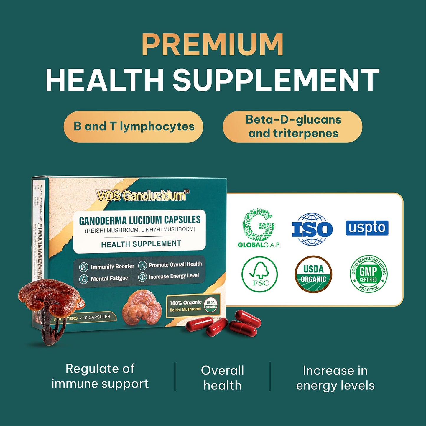 VOS GANOLUCIDUM Red Reishi Mushroom Capsules 30 Capsules