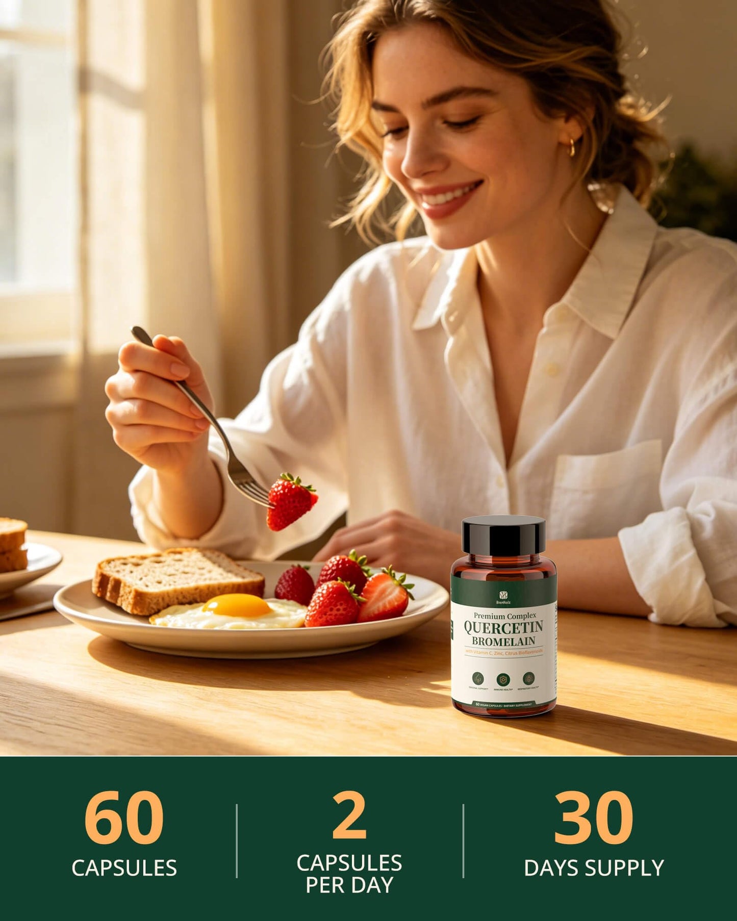BienRaíz Quercetin 600mg with Bromelain, Vitamin C & Zinc - 7 in 1 Immune Support for Respiratory Health & Seasonal Wellness Capsule 60 Capsules