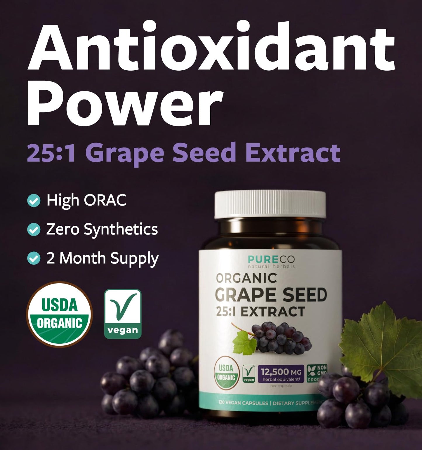 PURE CO Grape Seed Extract Capsules 120 Count