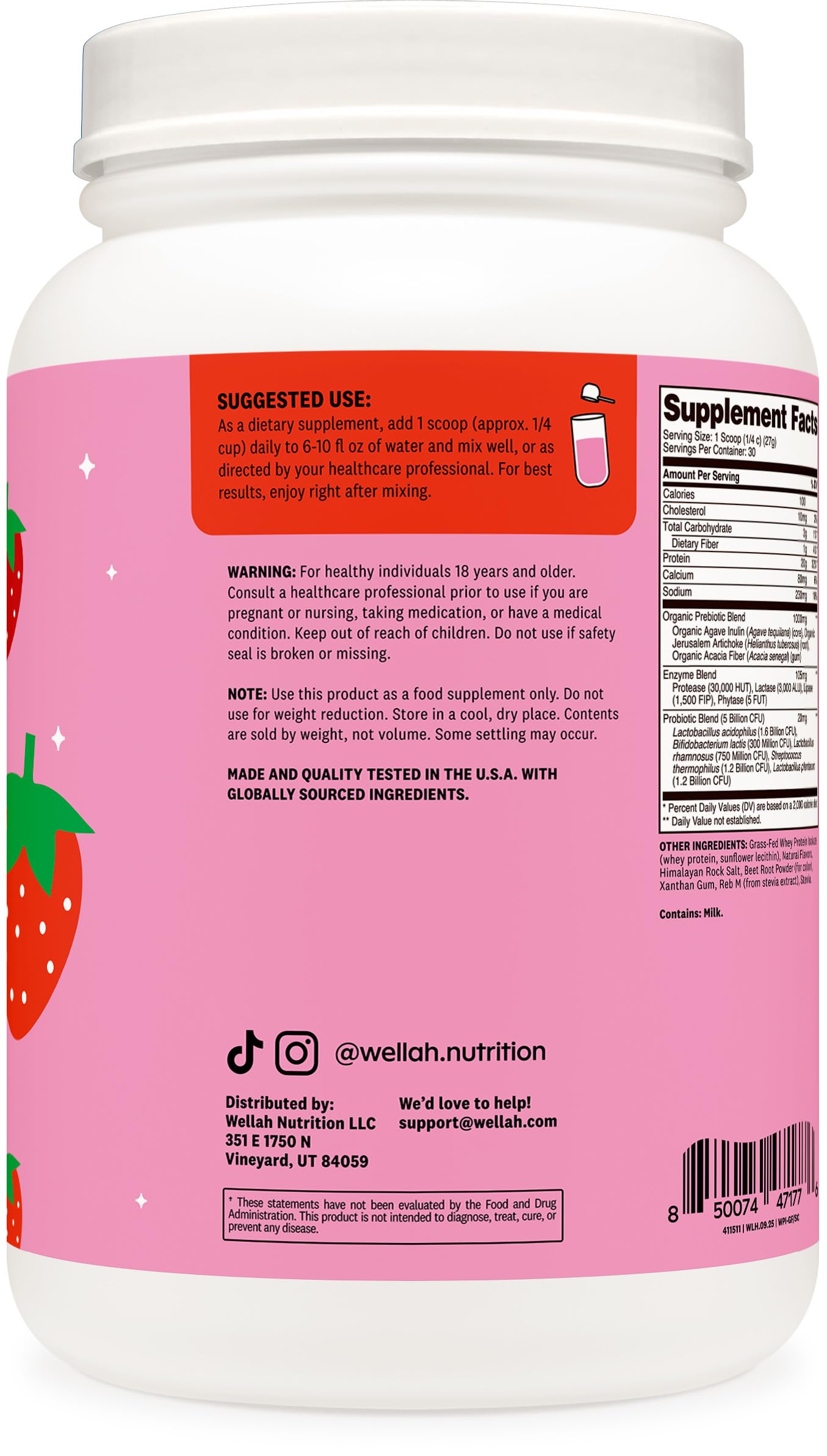 Wellah Grass-Fed Whey Protein Isolate Powder (Strawberries & Cream) 29.1 Servings