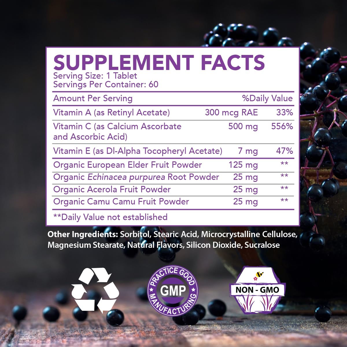 Elderberry Queen Vitamin C 500mg Tablet, Immune Boost & Antioxidant Support, 60 Count