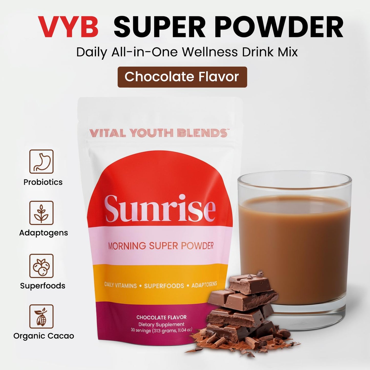 VYB All-in-One Super Powder with Vitamins, Superfoods, Probiotics, Functional Mushrooms, & DIM - 11.04 oz