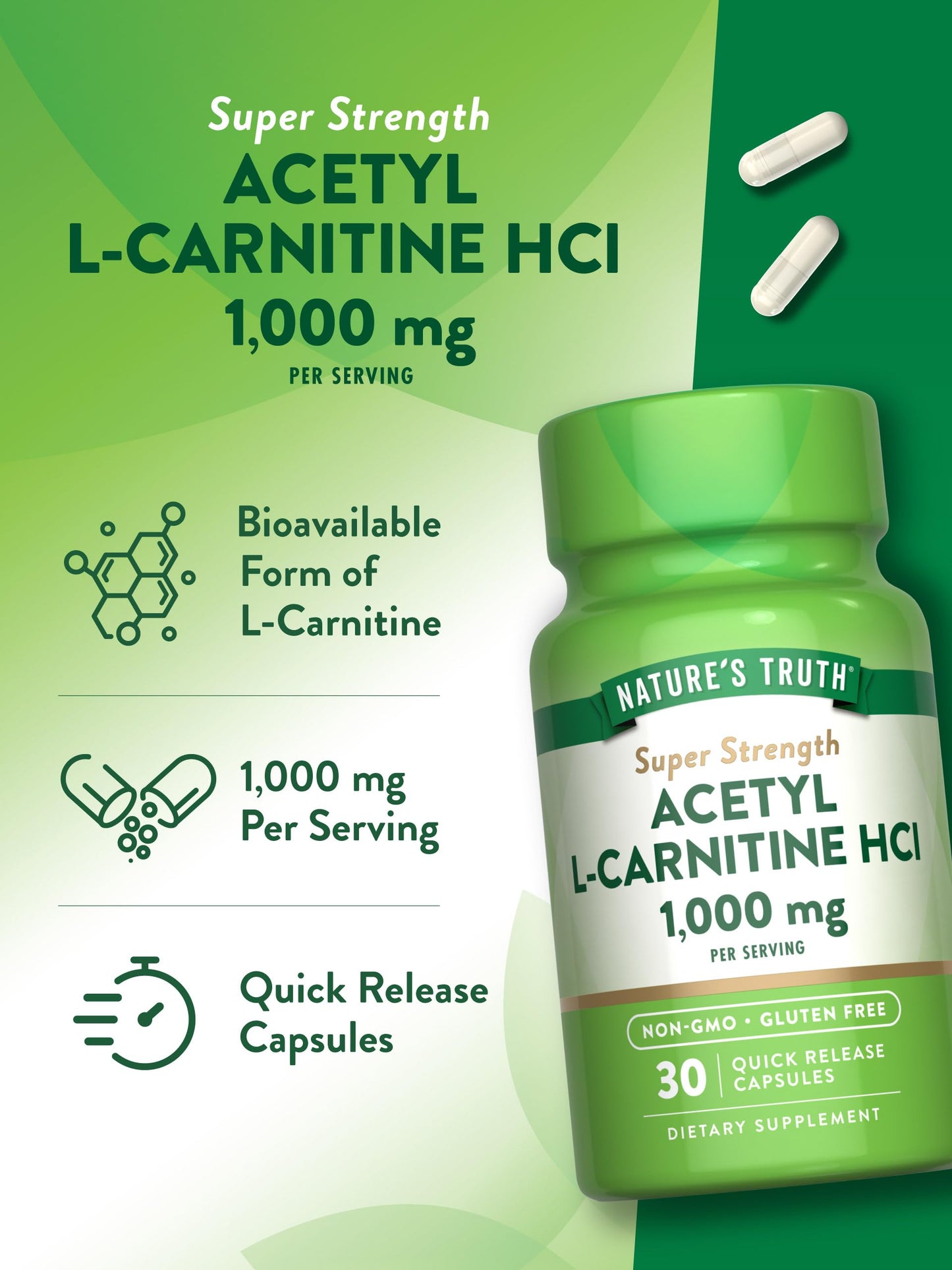 Nature's Truth Acetyl L-Carnitine 1000mg Capsules, 30 Count