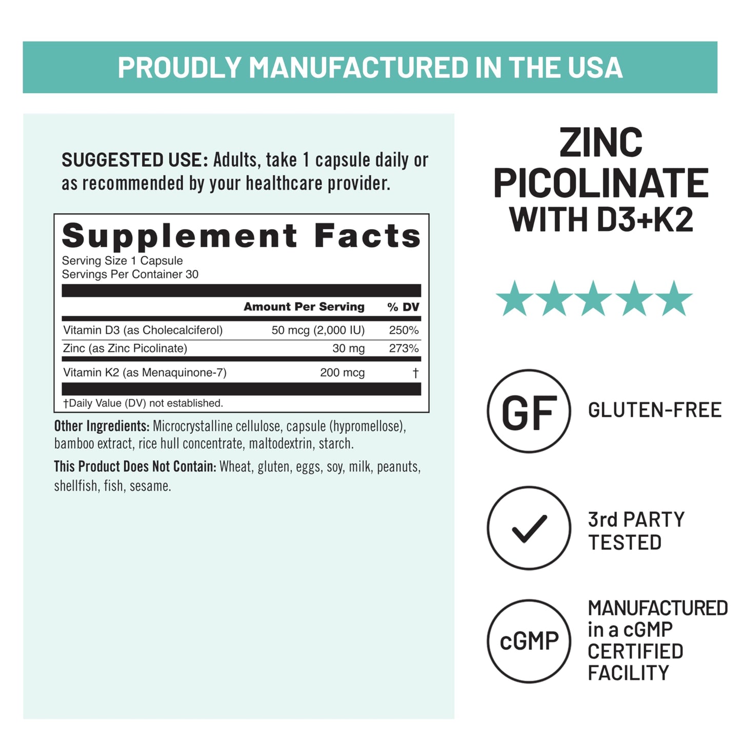 NatureWise Zinc Picolinate with D3 + K2 Capsules, 30 Count