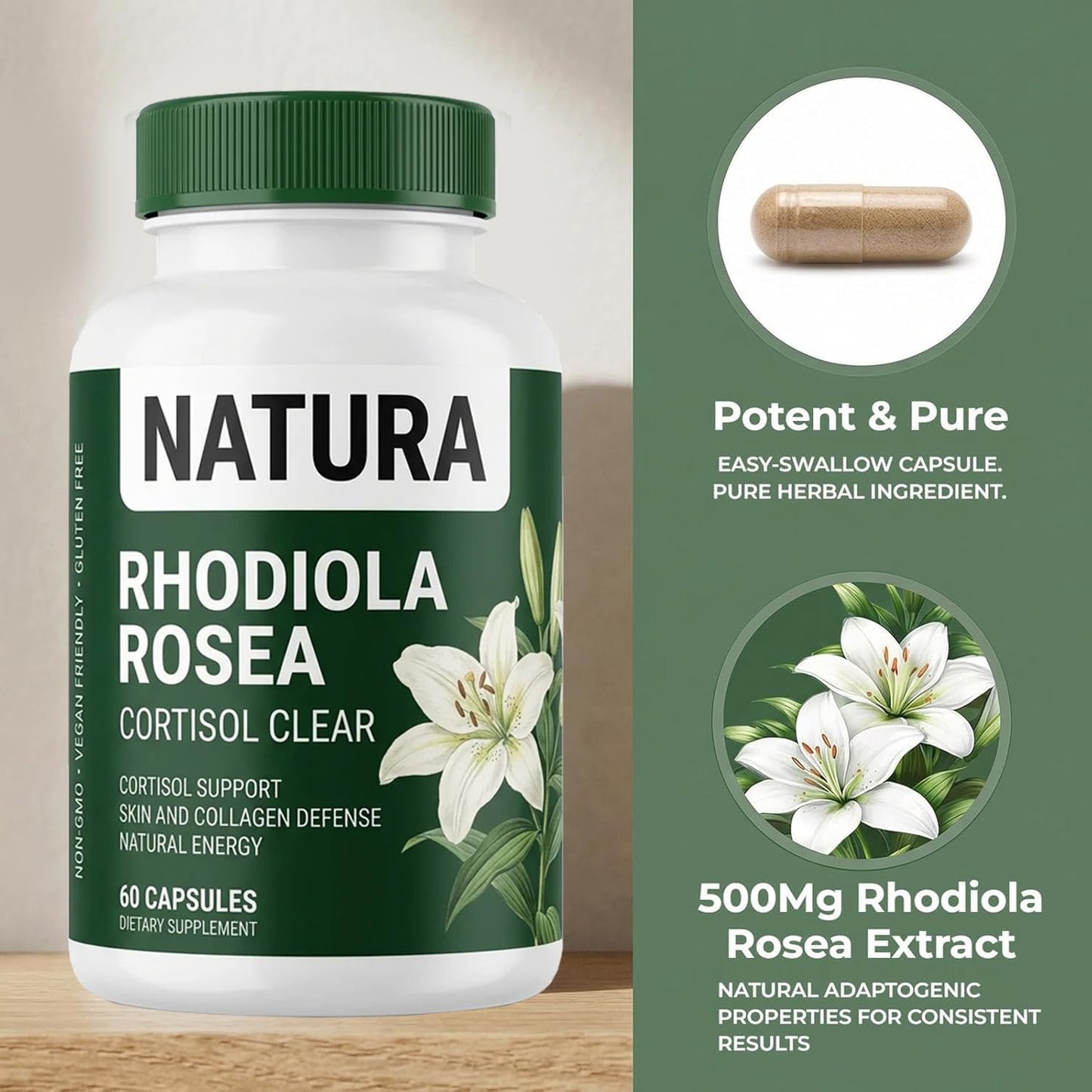 Jurnao Natura Cortisol Clear, Natural Rhodiola Rosea Supplement, Non-GMO Softgel, 1