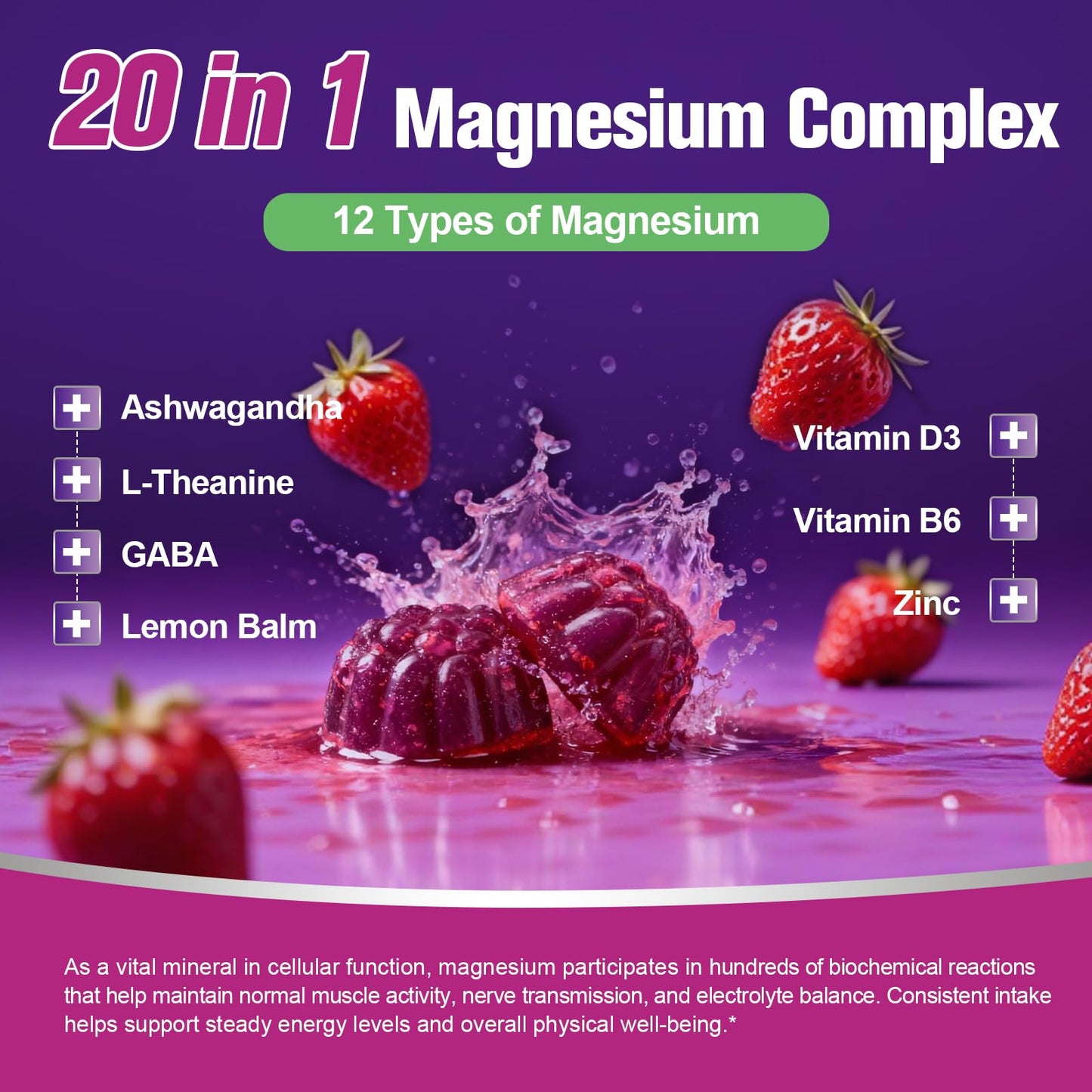 Migcopat Magnesium Complex 20 in 1 Magnesium Gummies with Glycinate Citrate Malate Taurate - Ashwagandha, L-Theanine, D3 & Zinc for Relaxation, Sleep, Muscle & Heart Support, Strawberry, 60 Gummies