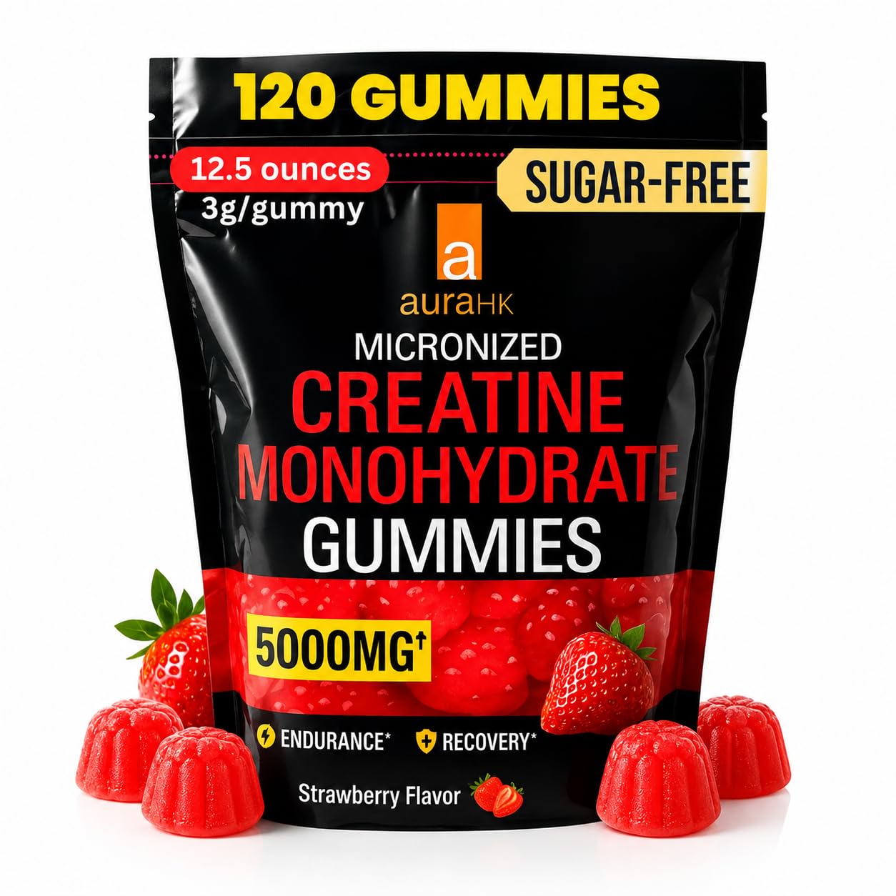 aura HK Sugar Free Creatine Monohydrate Gummies 5000mg Per Serving, 120 Gummies