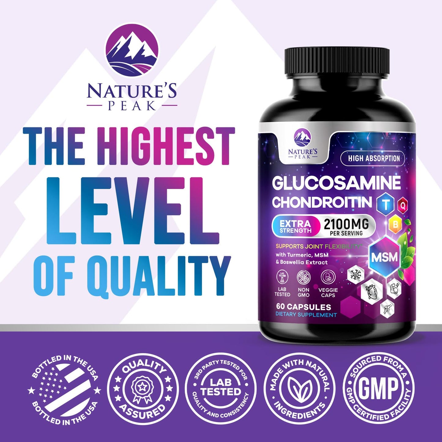 Nature's Peak Glucosamine Chondroitin, MSM & Turmeric - Extra Strength Joint Support Supplement with 1500mg Glucosamine Sulfate per Serving - for Cartilage, Joint Health & Flexibility, 60 Capsules