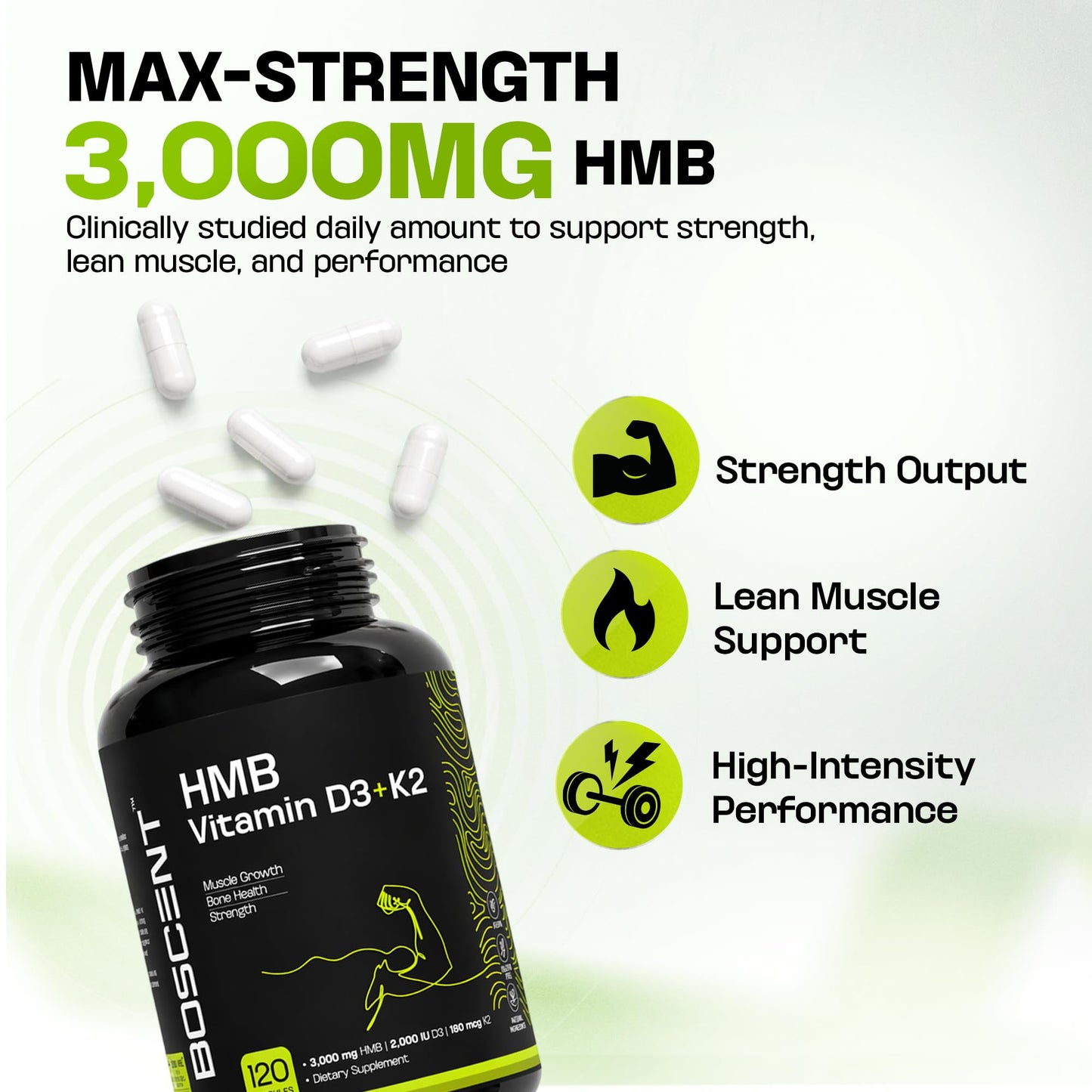 BOSCENT HMB 3000mg Supplement Vitamin D3 K2 + Calcium Capsules 180 Count