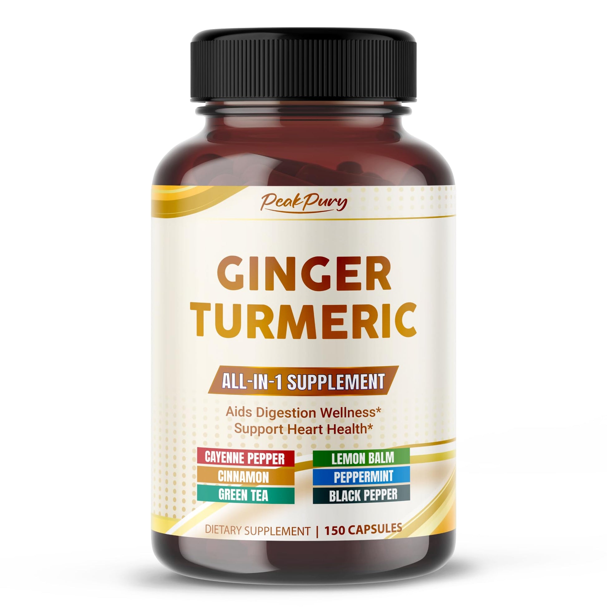 PEAKPURY Ultra Ginger & Turmeric Aids Digestion & Supports Heart Health, Includes Cayenne Pepper, Lemon Balm, Cinnamon, Peppermint, Green Tea, 150 Capsules