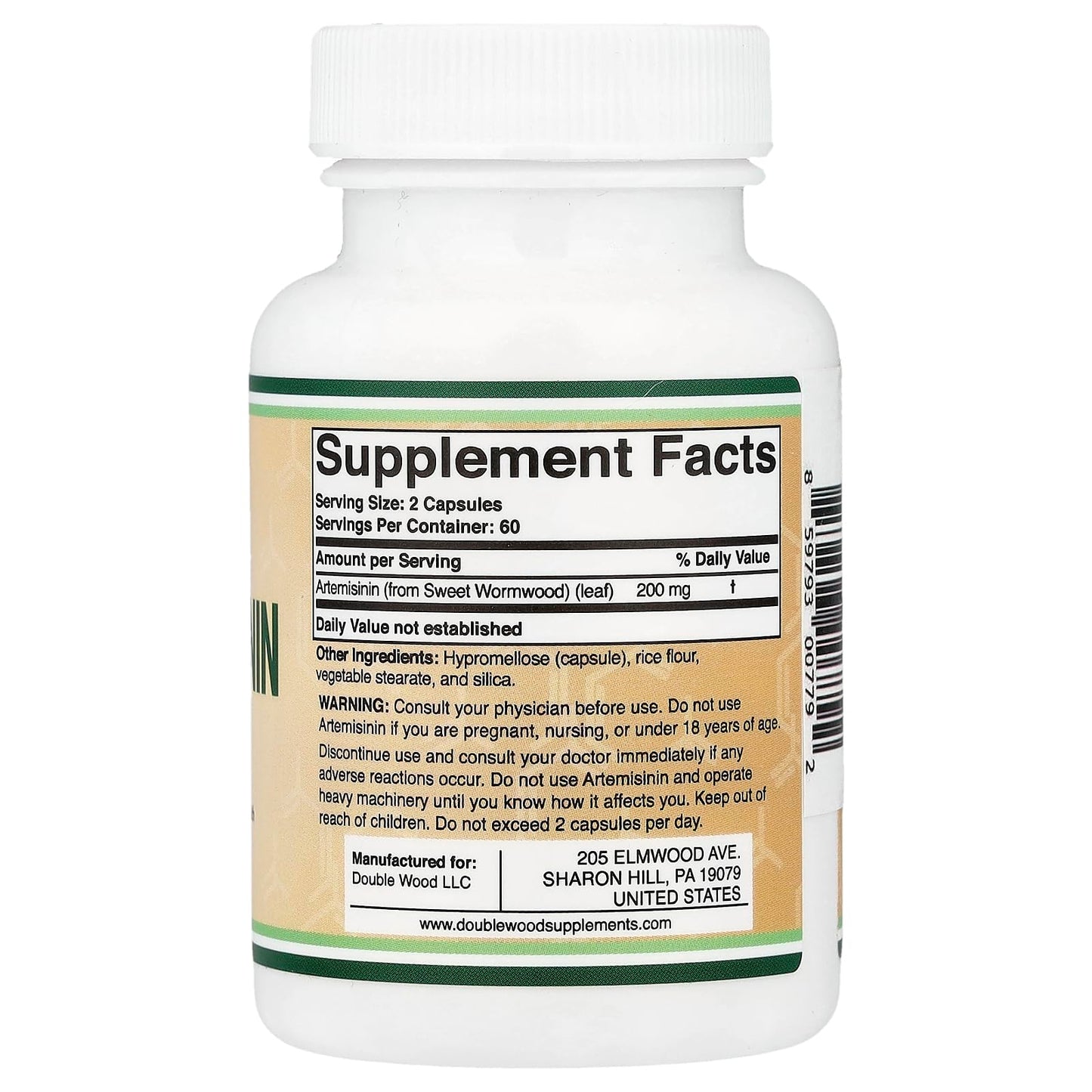 Double Wood Supplements Artemisinin (Sweet Wormwood)(Artemisia Annua) 200mg Per Serving Capsules, 120 Count