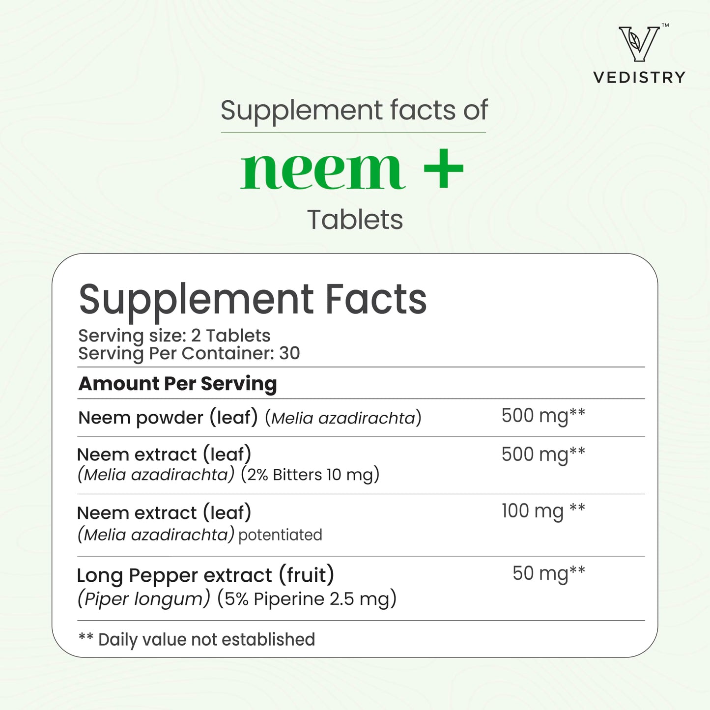 Vedistry Neem Supplements 1100mg Neem Tablets, 60 Tablets