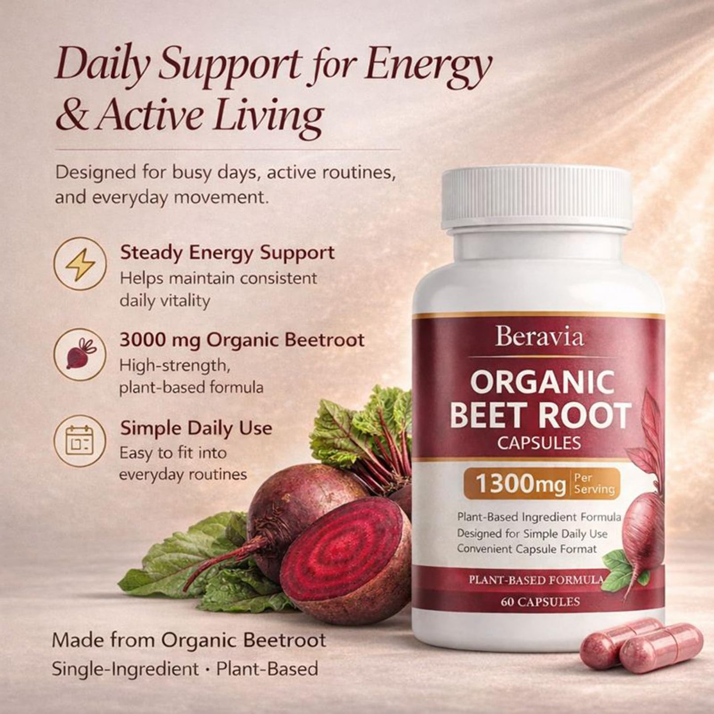 Beravia Organic Beet Root Capsules 1300 mg Beetroot per Serving, 60 Capsules