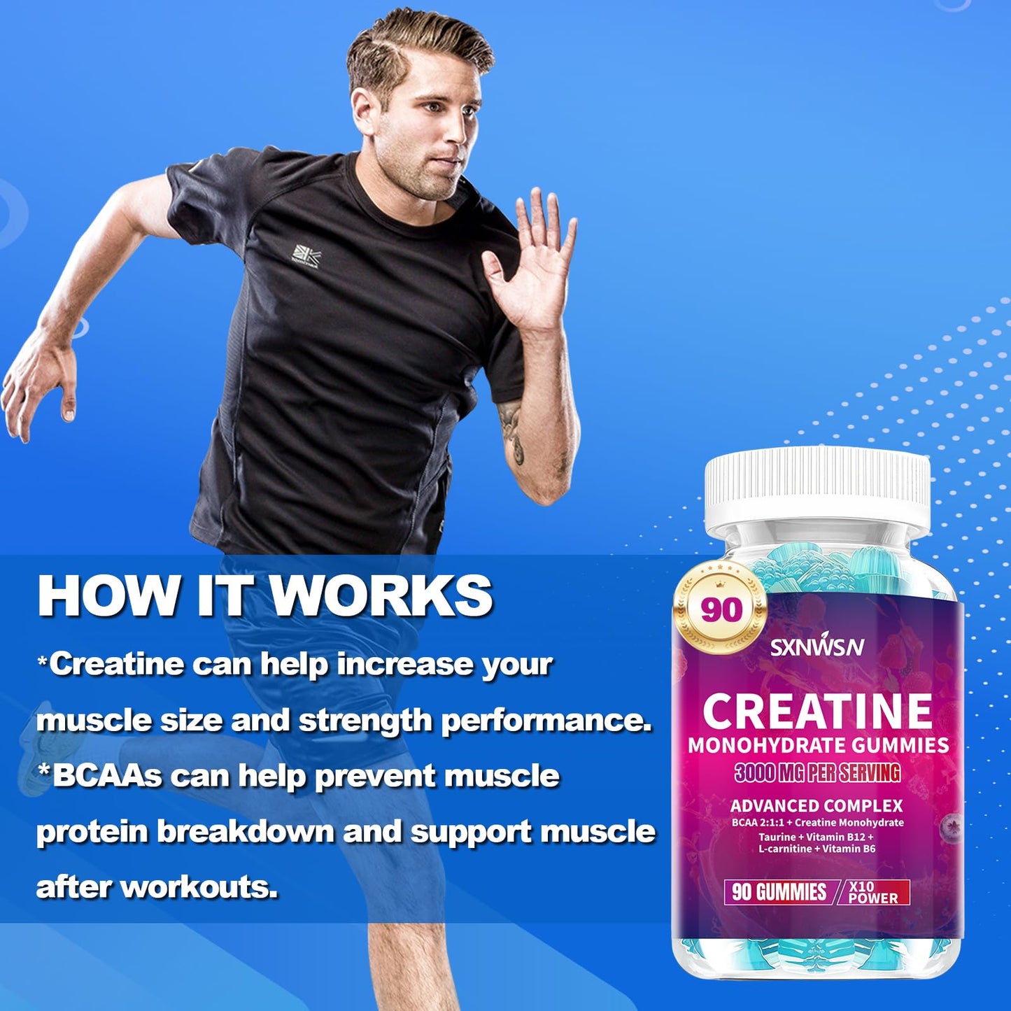 SXNWSN Creatine Monohydrate Gummies, Advanced Complex with BCAA, L-Carnitine, Taurine, B Vitamins, 3000mg per Serving, 90 Count, Blueberry Flavored