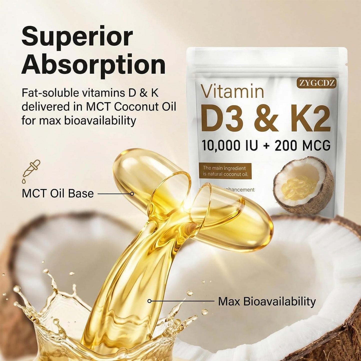 ZYGCDZ Vitamin D3 10000 IU with K2 MK-7 200 mcg Softgels 180 Count