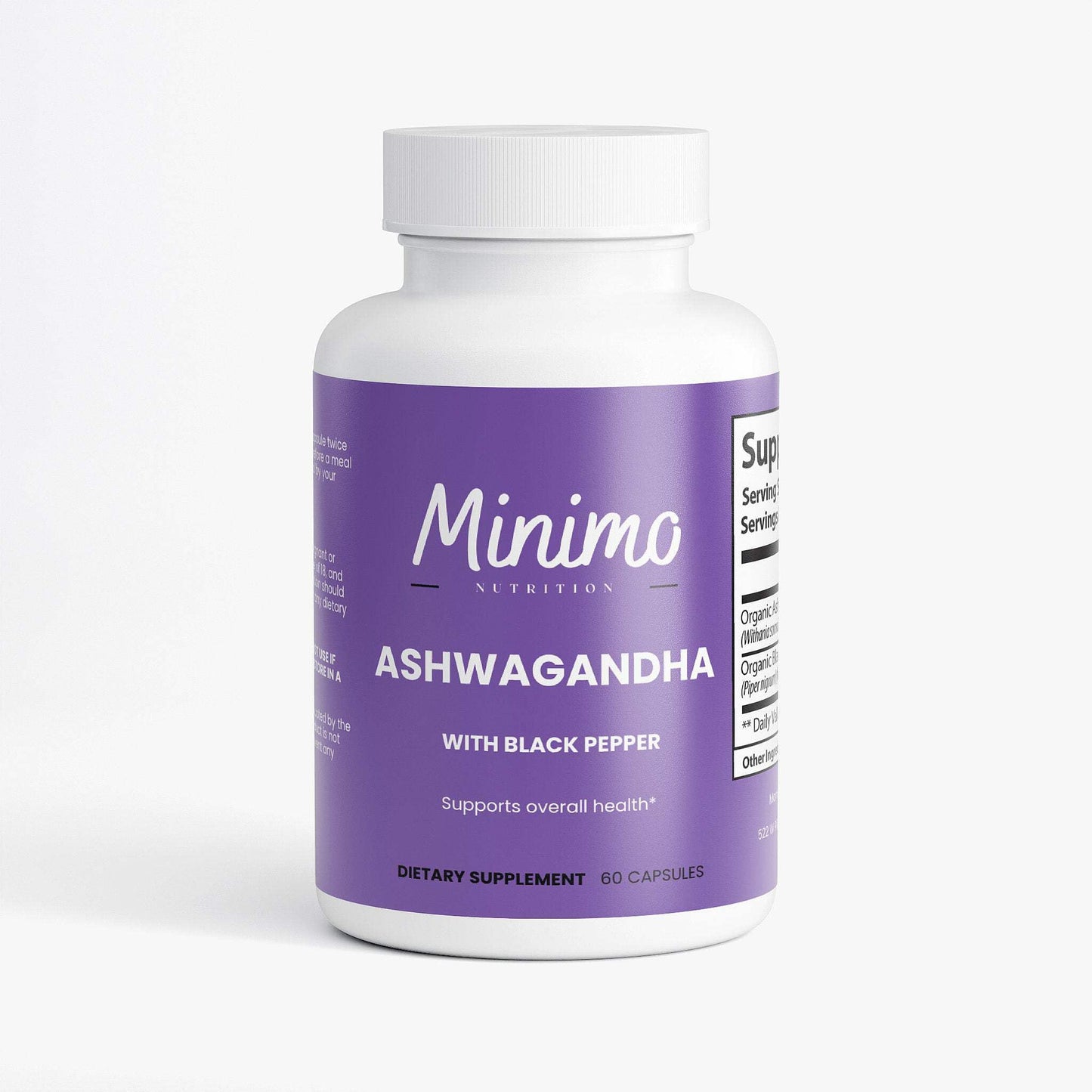 Minimo Nutrition Organic Ashwagandha 1300mg Capsules with Organic Black Pepper for Absorption, Stress, Focus, and Energy Support, 60 Capsules