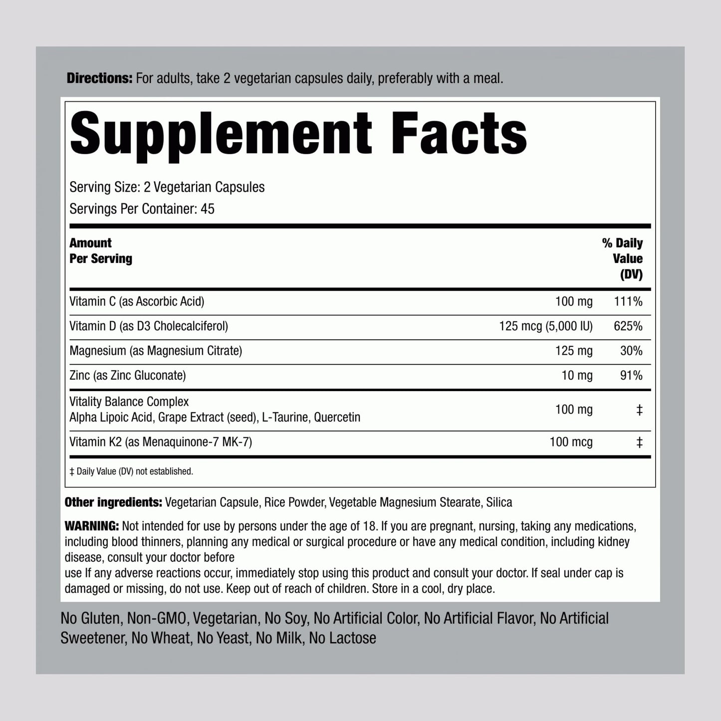 Piping Rock Vitamin D3 K2 5000 IU D3 Capsule 90 Count
