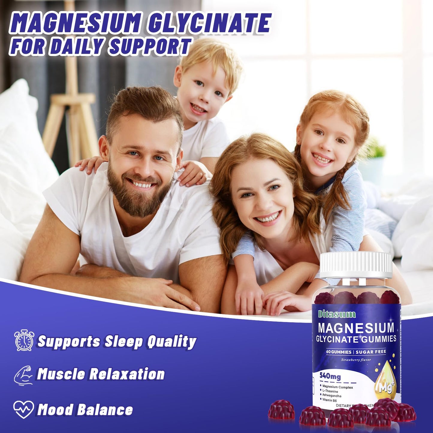Ditasum Magnesium Glycinate Gummies With L-Threonate, Vitamin B6, Ashwagandha 540mg per Serving, Sugar Free, Vegan, Strawberry Flavor, 60 Gummies