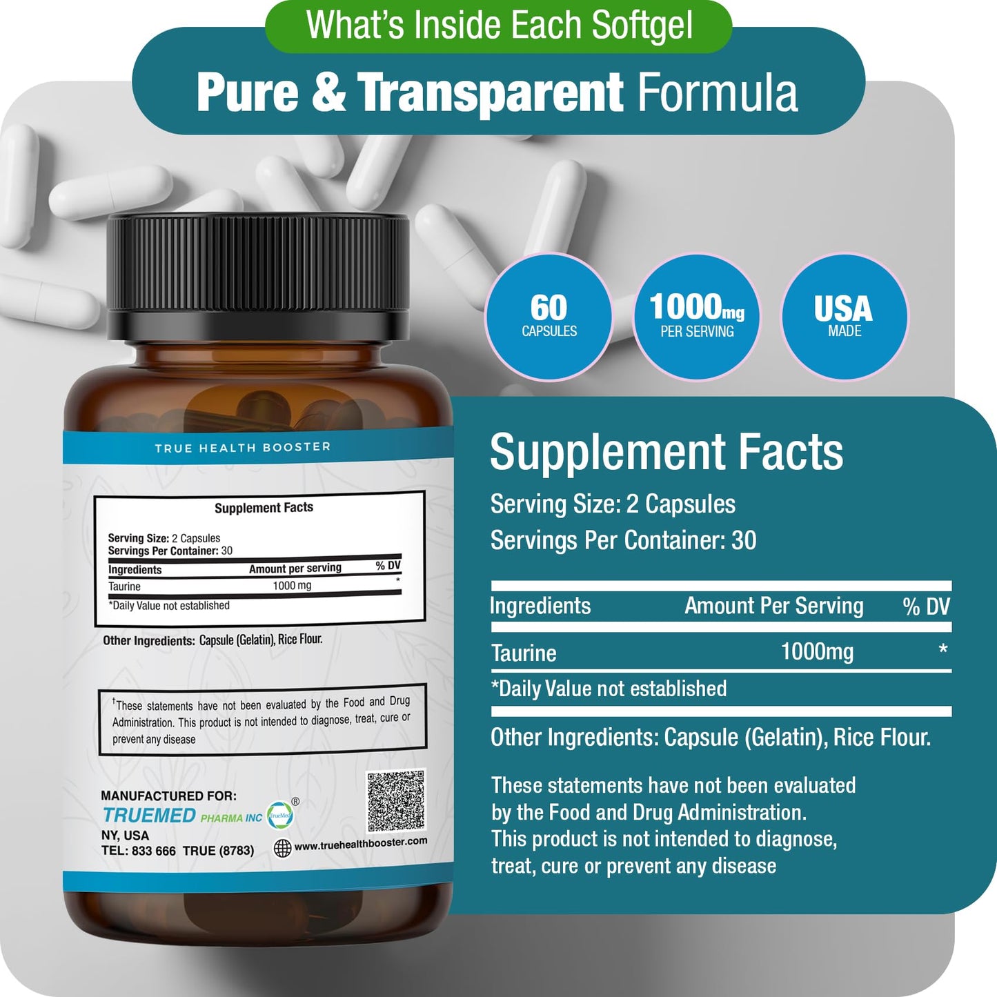 TRUEMED Taurine Capsules 60