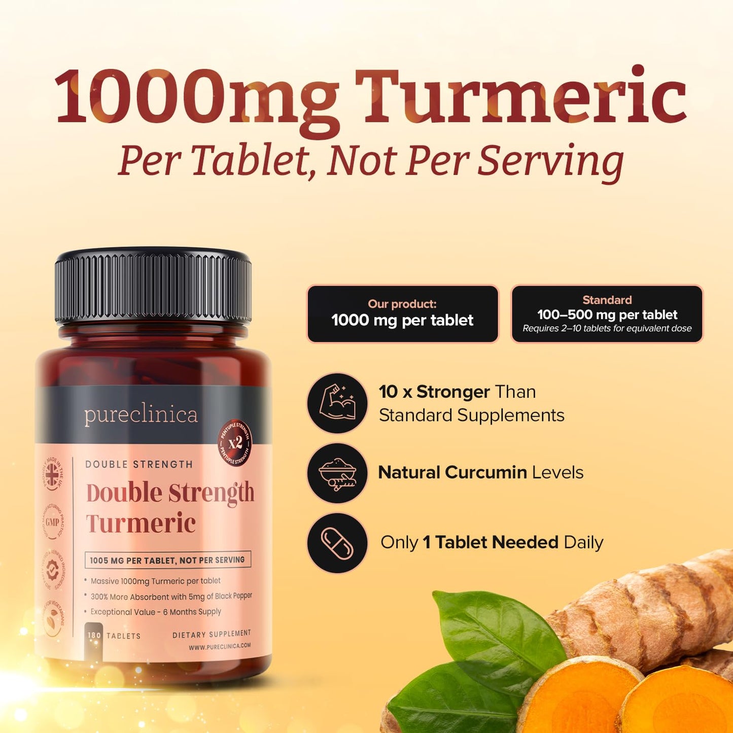 PureClinica Turmeric Double Strength Tablets 1000mg, 180 Count