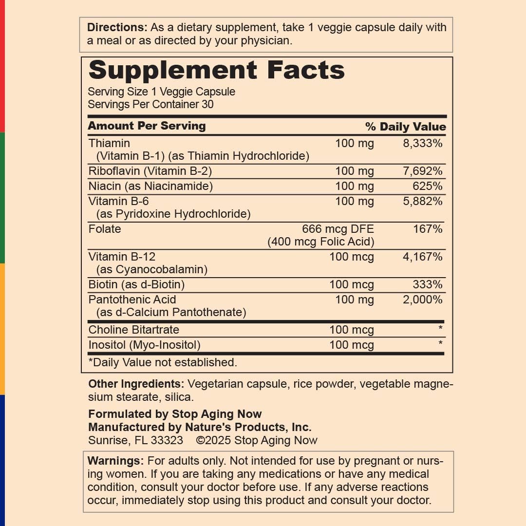 Stop Aging Now Vitamin B Complex Capsules with Folate 30 Count