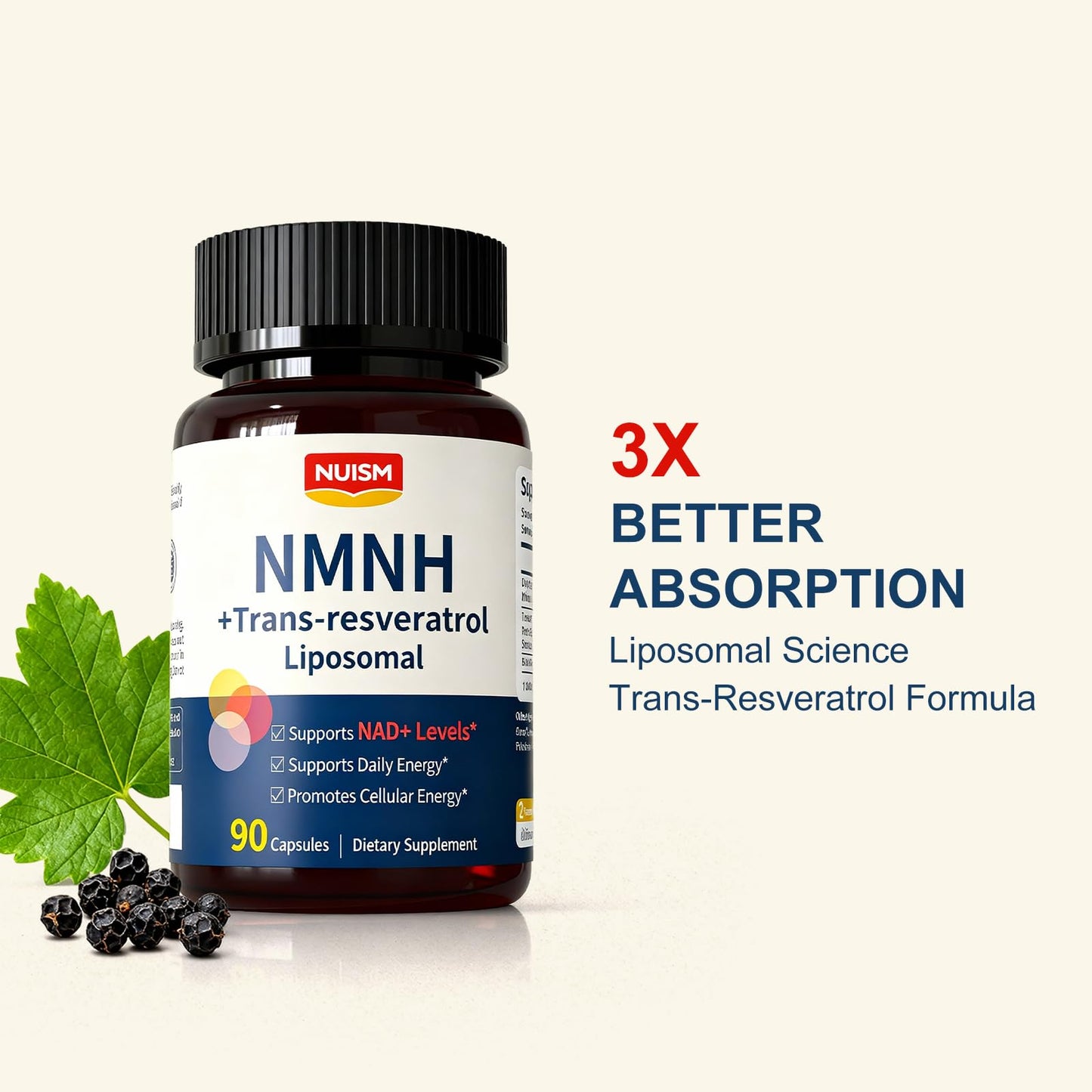 NUISM NMNH NAD+ Supplement, Liposomal NMN NAD+ & Resveratrol Complex for Cellular Energy, Healthy Aging & Metabolic Support, Capsule, 90 Count