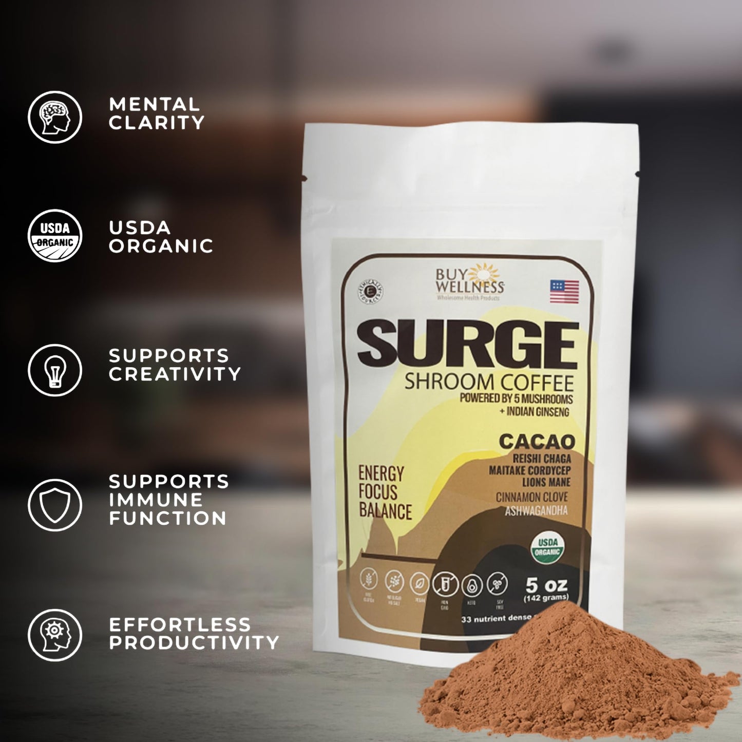 Buy Wellness SURGE 5 Mushroom Cocoa Drink Powder 5.2911