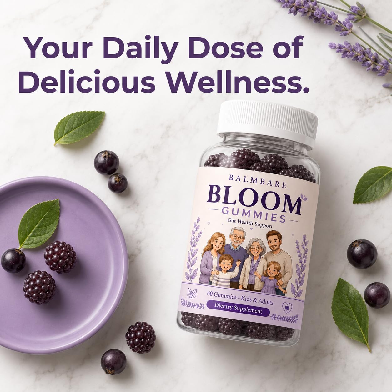 GBQMGS BALMBARE Bloom Gummies with Elderberry & Probiotics, Promote Gut Acid-Base Balance, Support Gut Health, Berry Flavor, Non-GMO, Gluten Free 60 Gummies