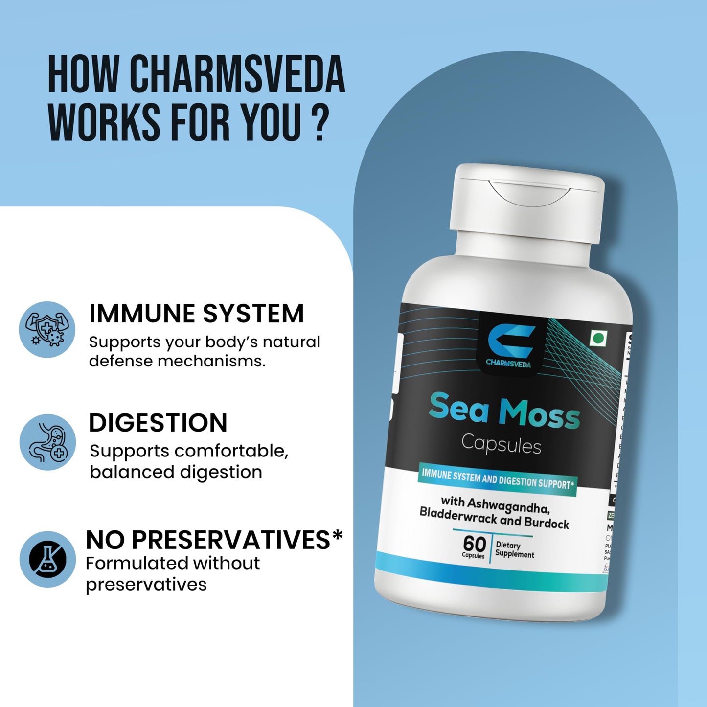 CHARMSVEDA Sea Moss Capsules with Ashwagandha, Bladderwrack & Burdock, 60 Capsules