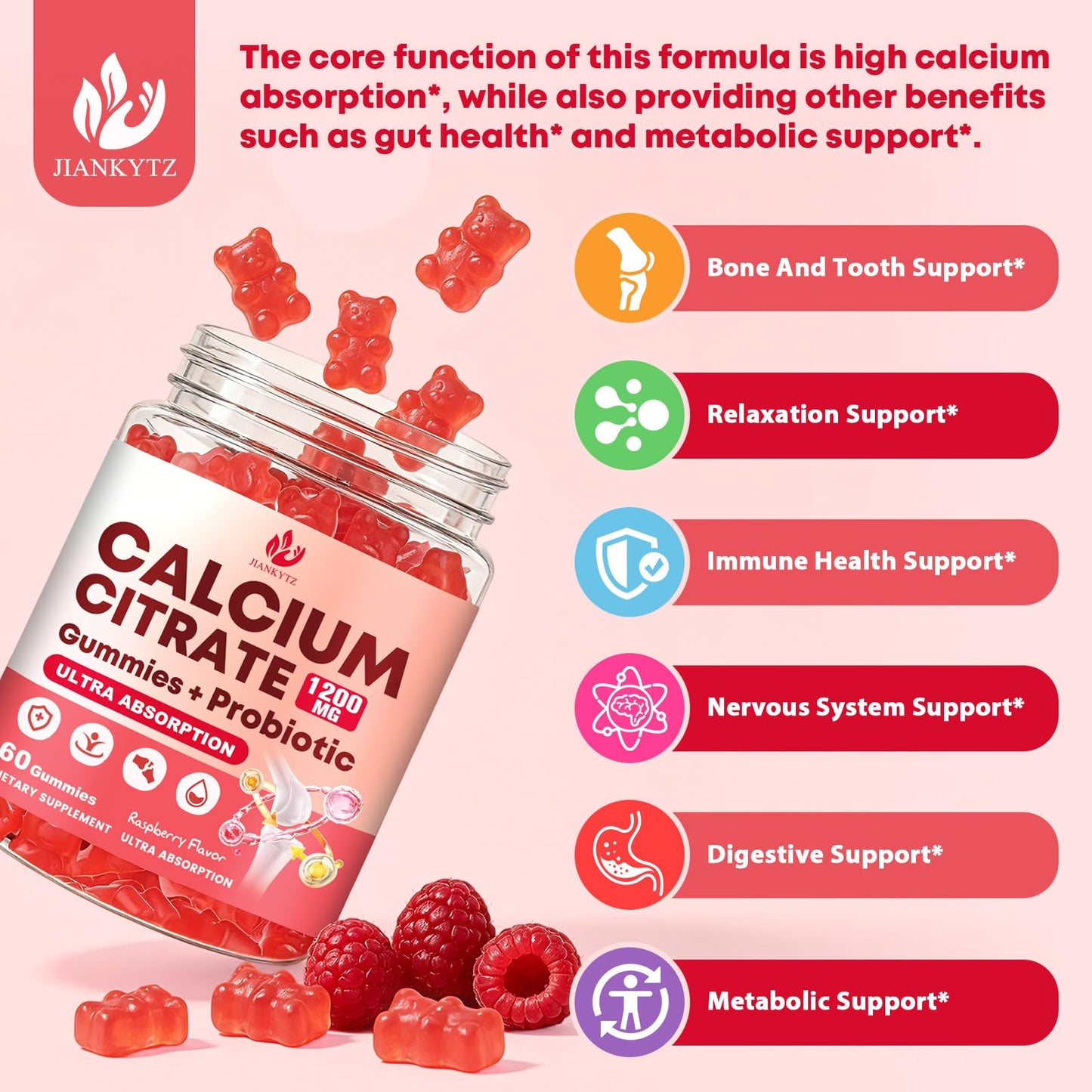 JIANKYTZ Sugar Free Calcium Citrate 1200 mg + Probiotic Gummies with Vitamin D3, K2, Magnesium Gummy, 120 Count