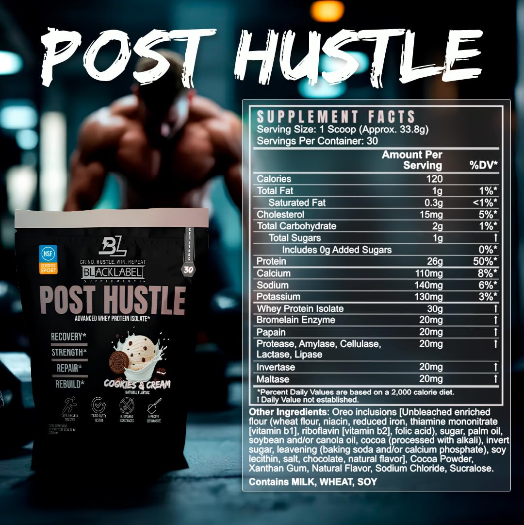 BLACKLABEL Supplements Post Hustle Post Workout Protein Powder – Whey Isolate with Digestive Enzymes, Cookies & Cream, 40 Servings