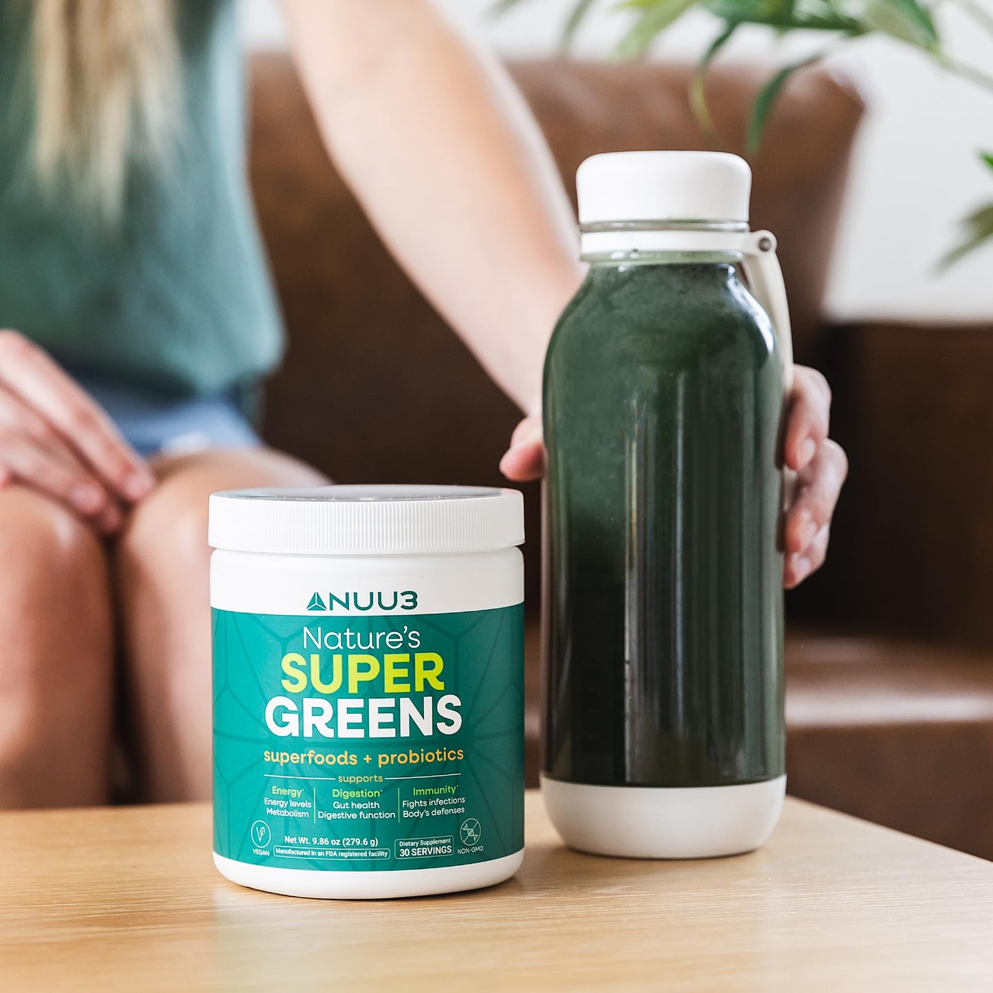 NUU3 Super Greens Superfoods + Probiotics - Immune Support, Improved Energy & Gut Health Digestive Enzymes - Boosts Immunity - 30 Servings, 9.86 oz Powder