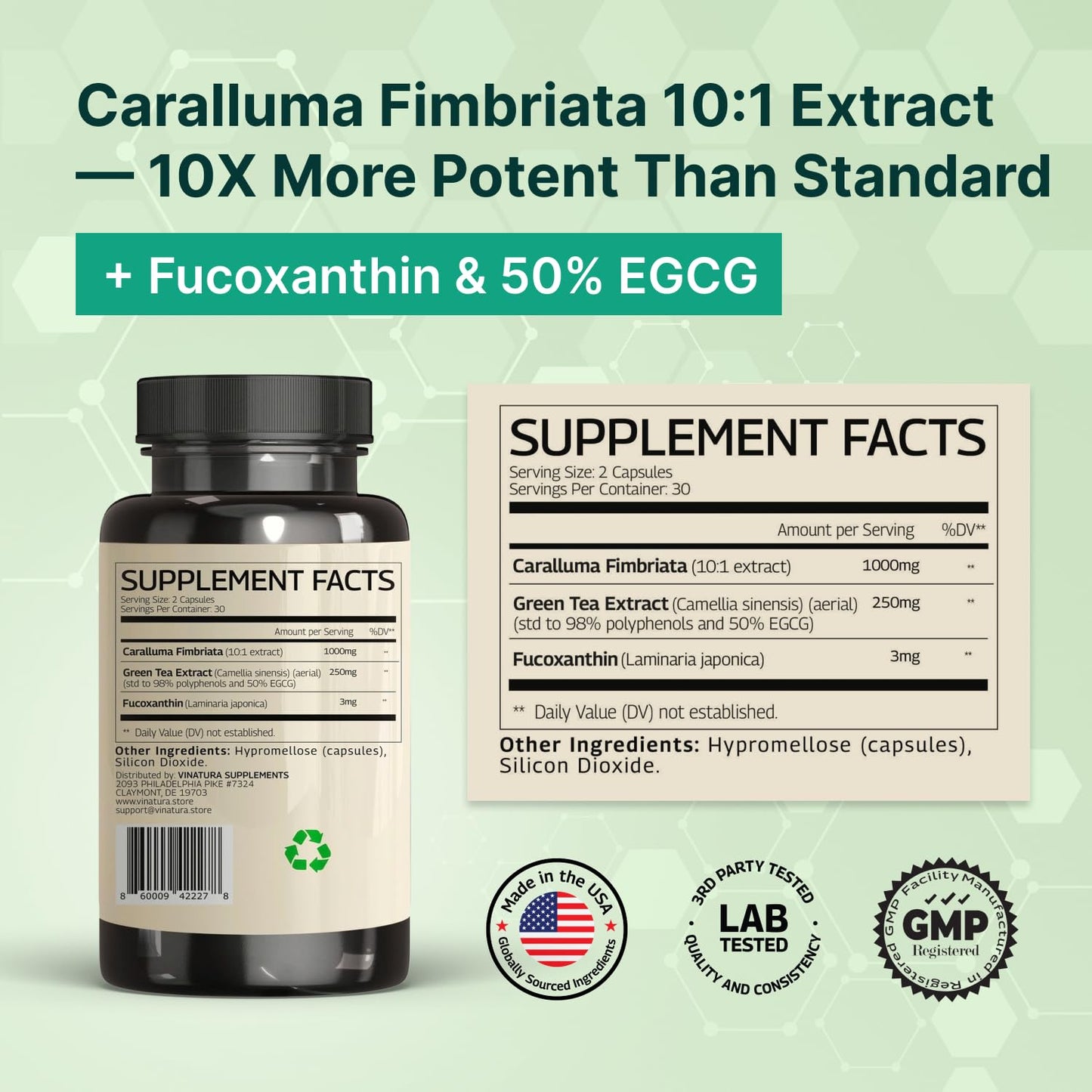 VINATURA Caralluma Fimbriata, EGCG 45% Extract 1250mg + Fucoxanthin 3mg per Serving Capsules, 60 Count