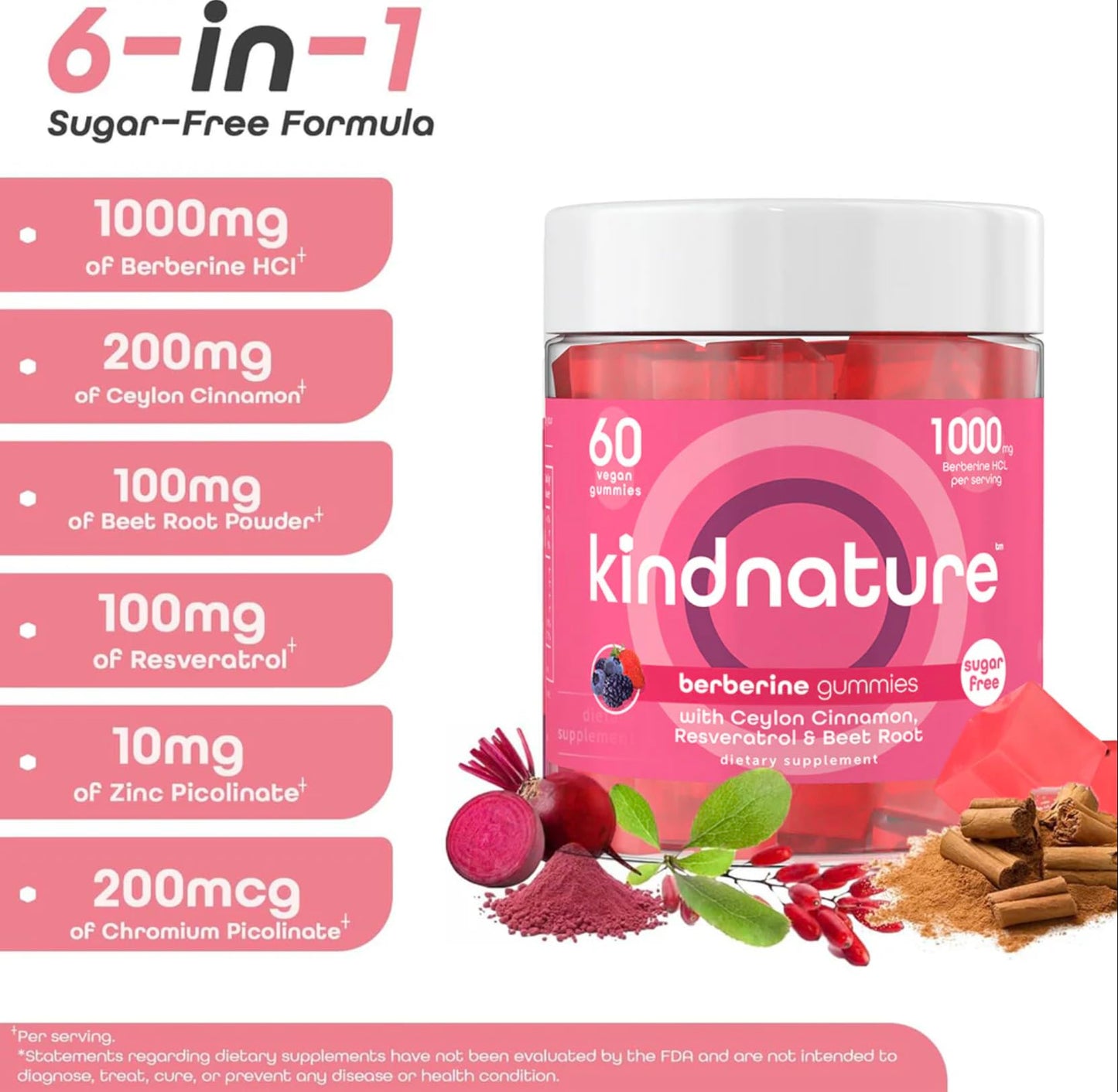 kindnature Berberine Gummies 1000mg with Ceylon Cinnamon & Resveratrol – 6-in-1 Blood Sugar Support Supplement – Metabolism & Weight Wellness – Sugar-Free, Vegan, Non-GMO, 60 Gummies