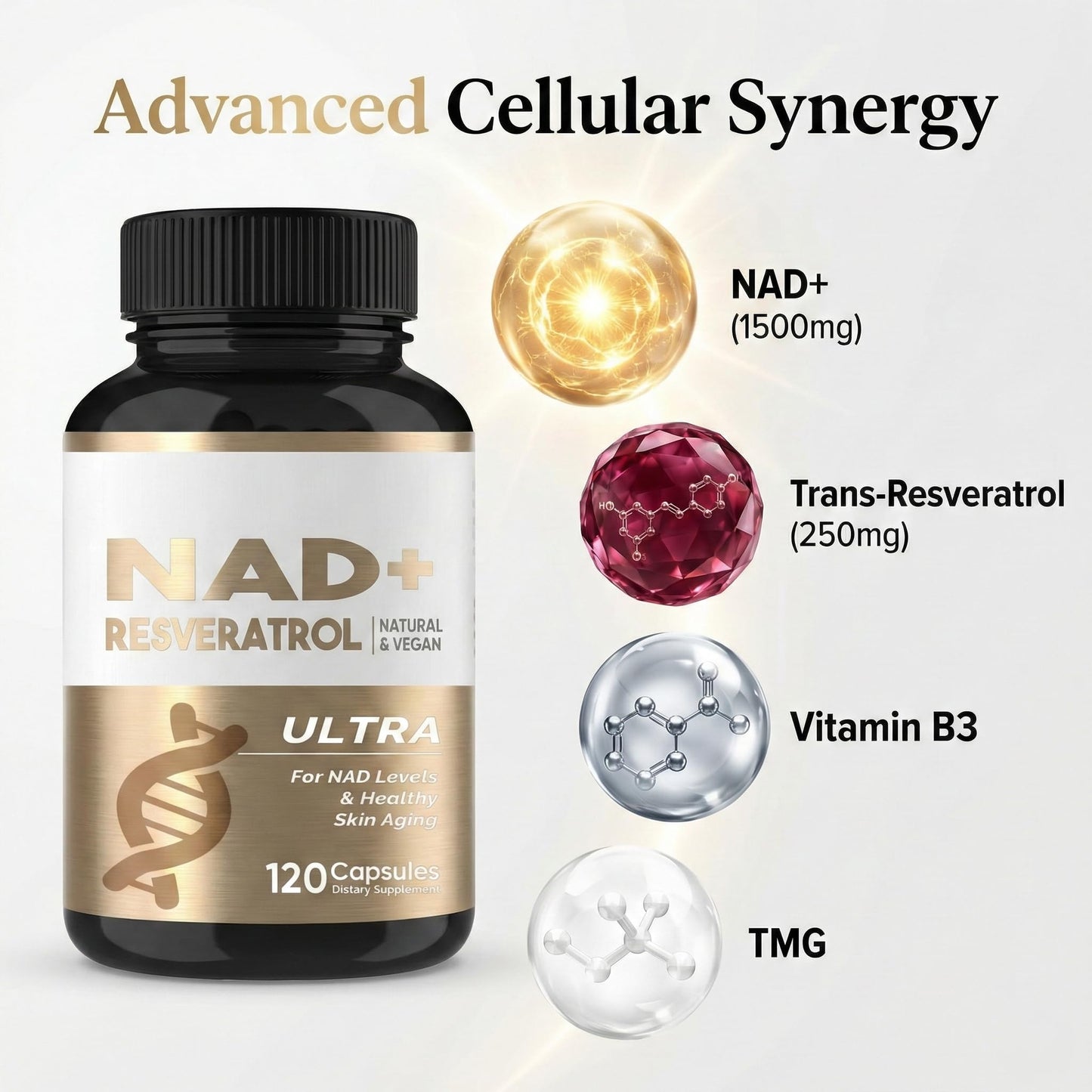HerbX NAD+ NADH Resveratrol Supplement for Men and Women, Advanced Formula with Natural Antioxidants to Support Cellular Energy & Vitality, 120 Capsules