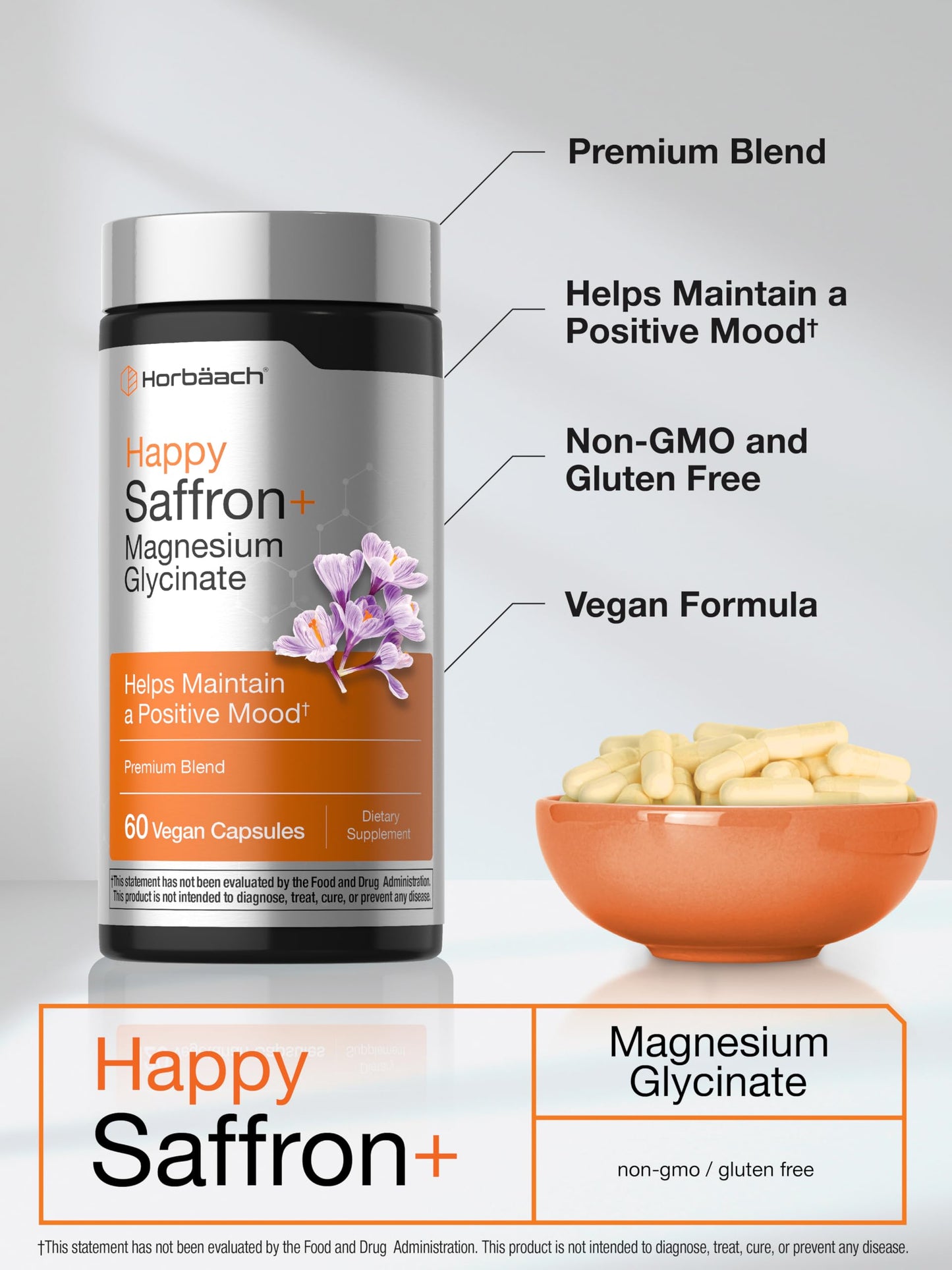Horbäach Saffron + Magnesium Glycinate Supplement Vegan Capsules, 60 Count