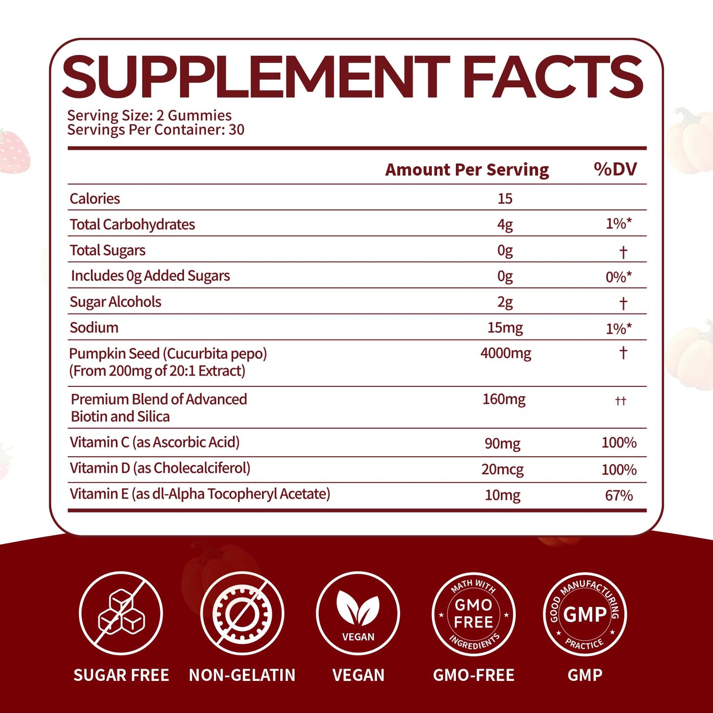 Foesdker Women's Hair Health Pumpkin Seed Oil Gummies with Saw Palmetto, Biotin, Vitamin C, D, E for Hair & Skin & Daily Overall Health, Strawberry Flavor, 60 Count