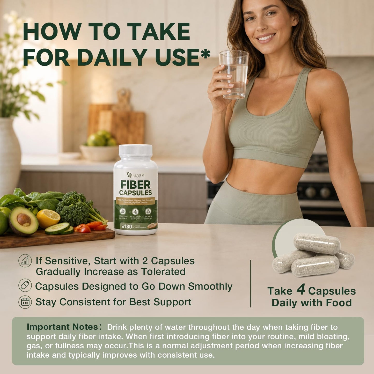 Migcopat Psyllium Husk Fiber Supplement 3000mg with Slippery Elm & Aloe Vera, Probiotics, Prebiotics, Digestive Enzymes, Supports Gut Health & Regularity, 180 Capsules